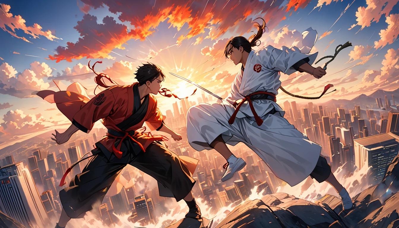 A dramatic and intense final showdown scene, where two skilled martial artists are engaged in a high-stakes battle. The background is a city skyline with tall, modern buildings, and a vibrant sunset. The atmosphere is a mix of adrenaline and suspense, with a sense of the stakes being higher than ever.