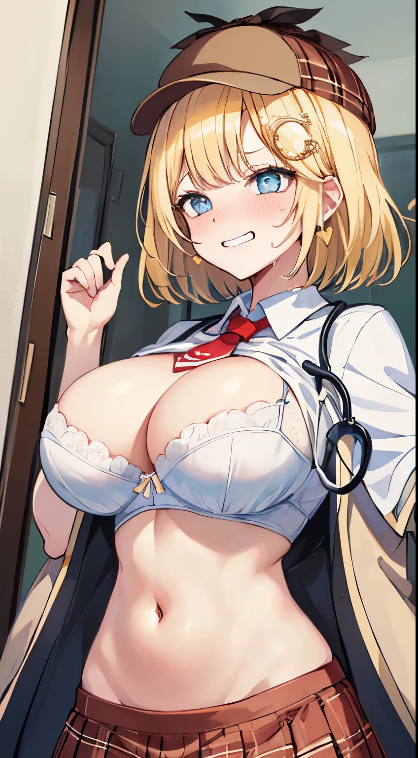 2D, masterpiece, highest quality, anime, very detailed, 1 girl, alone, (amelia watson:1.0), blond hair, blue eyes, monocle hair ornament, amelia_detective, collared shirt, white shirt, red necktie, plaid skirt, (detective accessories:0) deerstalker, brown capelet, stethoscope, Are standing, outdoor, smile, open shirt,show off bra,cleavage,(huge breast:1.2),(full bust),(round breast:1.2),((from below)),(toned stomach:1.4),skinny body, sweat,wet,smirk,nose blush, heart-shaped pupils, frustrated,angry,breast close-up,lying,bedroom,bra