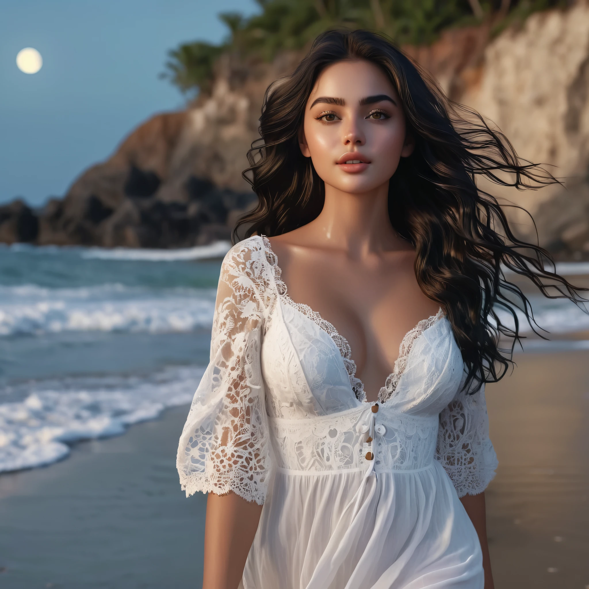 photorealistic, detailed face, 8K, 1girl, full body, beautiful European woman, cute 20 year old woman, floating hair, long black hair, wavy hair, walking along beach, lace white dress, on the ocean, perfect face, perfect body, perfect proportions, big breasts, big lips, big eyes, green eyes, narrow waist, High-quality texture, tan skin, naughty, sexy, intricate details, lean body, solo focus, Beach Sand, serene beach, late evening, moon light, gentle waves, epic scene, aesthetic