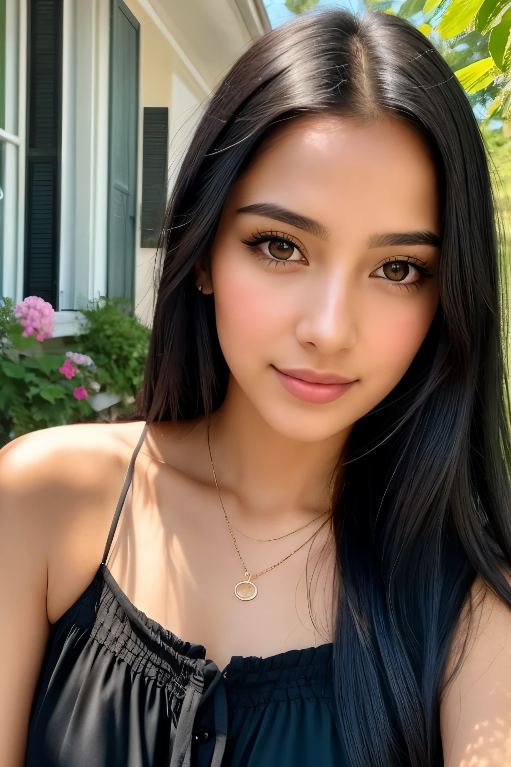 A latina girl with long, black hair and bright green eyes. Her fair complexion contrasts beautifully with her dark locks, framing her pretty face. She wears a simple white blouse, the fabric clinging to her slender figure, and her shoulders are bare, the sun Kissing her skin with a gentle glow. The image is rendered in a hyper-realistic style, capturing every detail of her features and the way the sunlight caresses her countenance. Her gaze is fixed on the viewer, drawing them in with her enchanting charm.