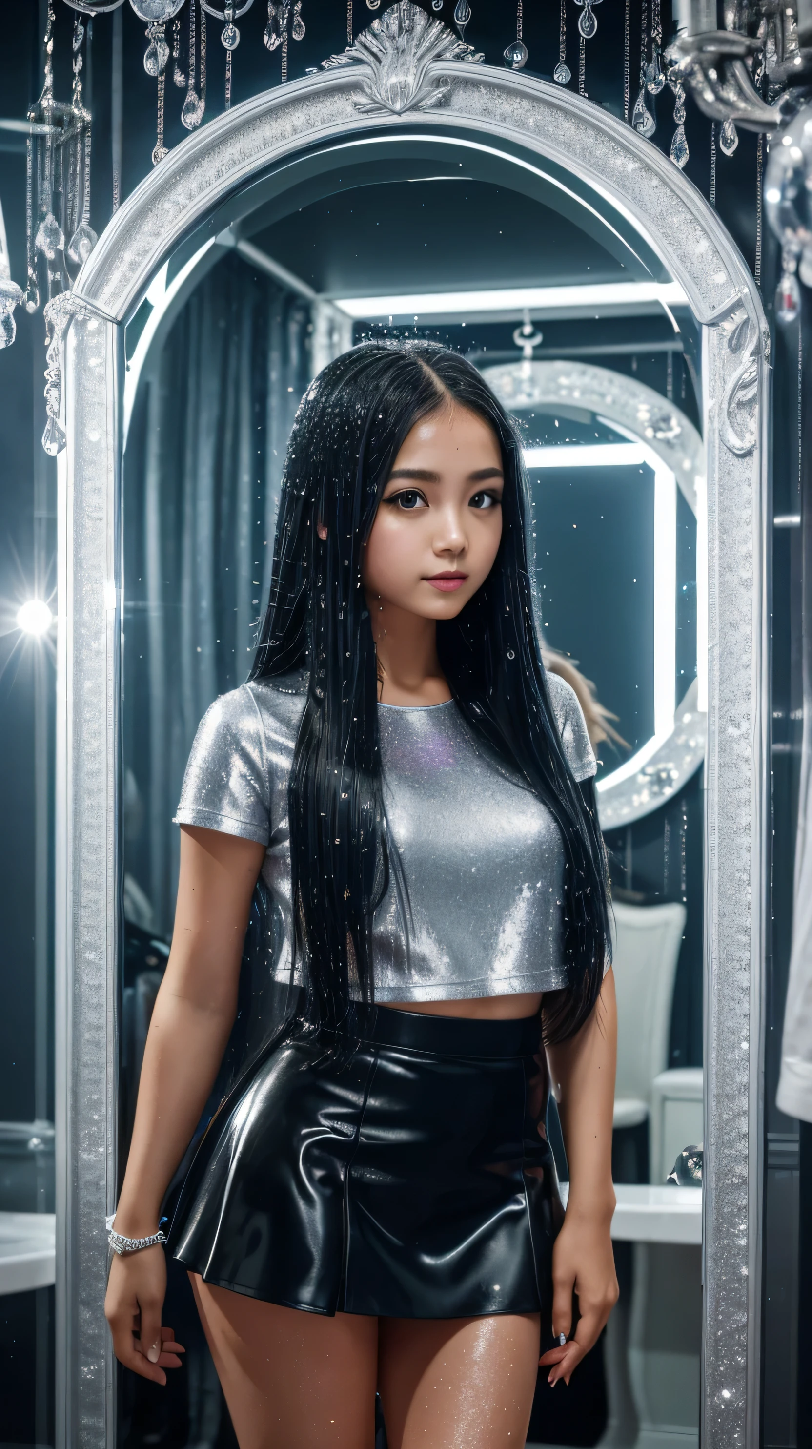 in focus, High detail, realistic beautiful girl with black long hair, gradient blue and white hair color,girl with good charisma,creative approach to non-standard poses,she is standing in a mirrored room,and the girl is reflected in all the mirrors, stands in the mirror salon, where there are many mirrors,a girl in a miniskirt is reflected in all the mirrors, there are splashes of silver dust, and behind it is a nebula, atmospheric lighting, surrounded by wet dew drops, behind the fantasy world, on a beautiful background, glare, Shine, shine, spray drops, high quality, 8k Ultra HD, High contrast, high quality, soft light, close focusing,