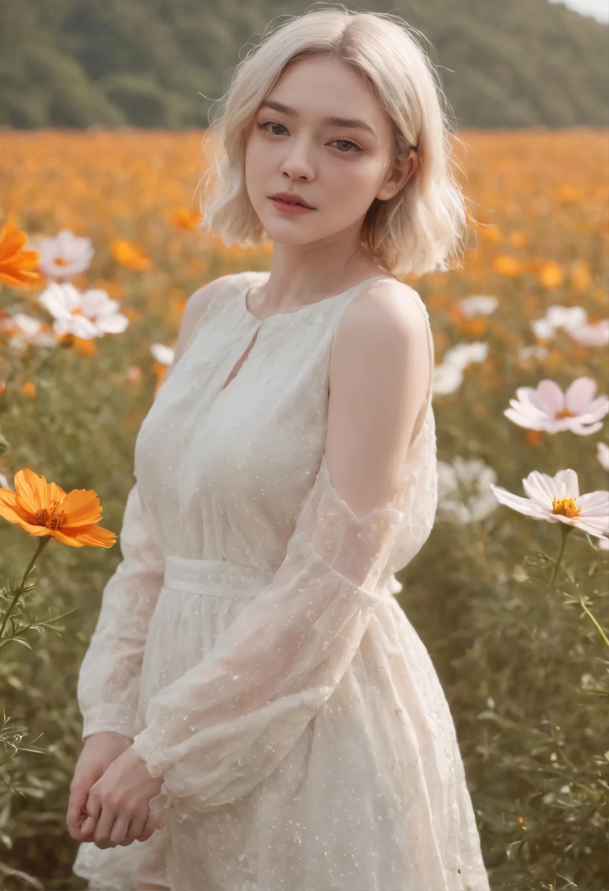 Very short hairstyle,Little fat girl,Cosmos Field,(((Cosmos blooms profusely))),(((cosmos))),Autumn sunshine pouring down from behind、The atmosphere of Elle Fanning,tiarra,cotton dress,(((thighs thighs thighs thighs))),bare-legged,white hair,Curly,angry looking face,12-year-old girl,short-haired,soft sunlight,(((birdseye view))),Sauce order,up of face,Kamimei,(((hitornfreckles))),upper body