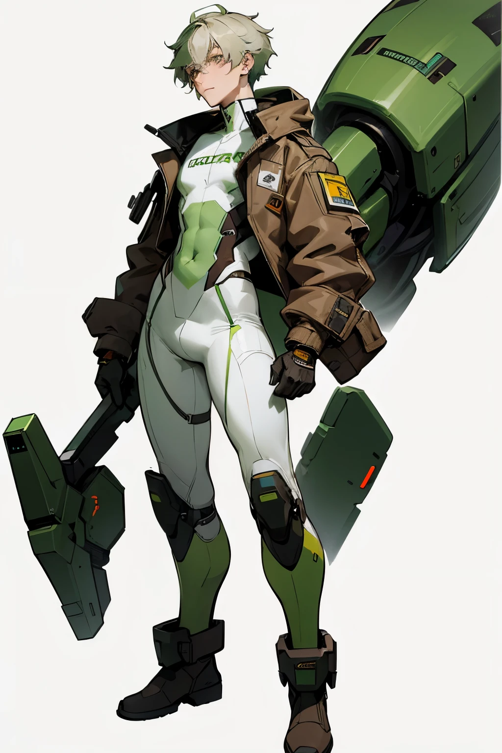 Young man in futuristic clothing, lean body, pale green messy hair, brown bulky jacket, white skintight jumpsuit, large brown boots, concept art
