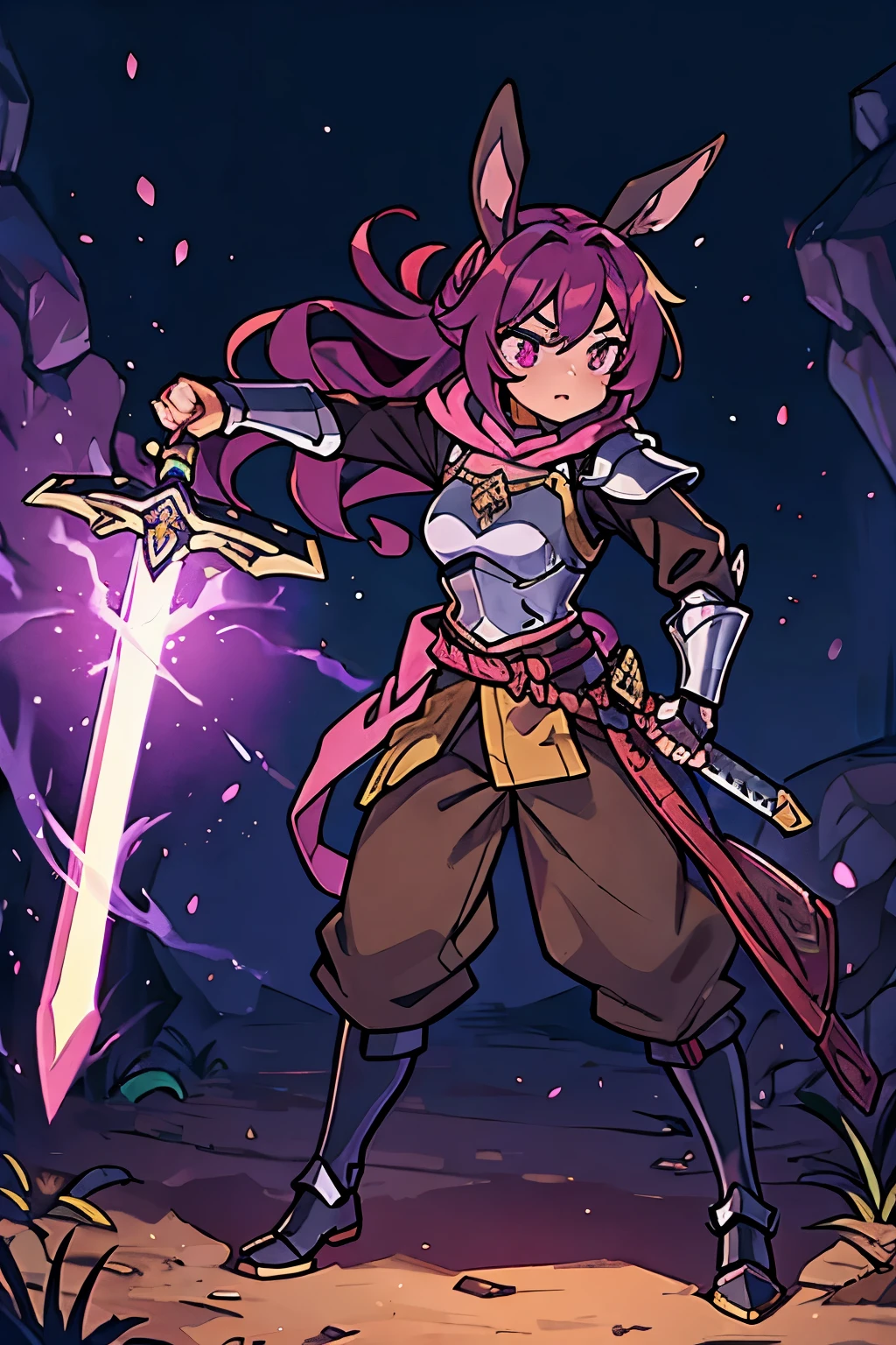 brown skin girl. Her figure, busty, curvy, proper direction, bunny ears, cat tail, Magenta hair color, dark magenta eyes, brown skin, sword in hand, large ragged cloth like cape wrapped around waist, chest armor, gauntlet, black long sleeve shirt under armor, chest armor, hoodie, properly drawn sword, magic sword, cloth wrapped around her waist, properly drawn sword in hand, bunny ears, cat's tail digital painting, digital illustration, extreme detail, digital art, Knight Armor, baggy puffy pants, metal boots, fully armored. cloth wrapped around her waist. Hold a sword. Baggy pants. knight armor