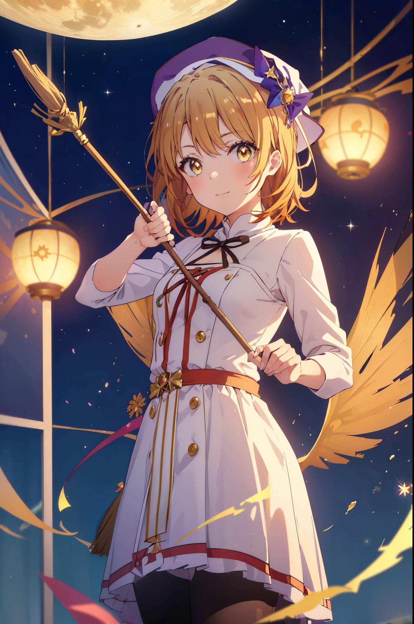 irohaisshiki, iroha isshiki, short hair, brown hair, (brown eyes:1.5), smile,(colorful glowing lanterns),((A night sky filled with colorful cute creatures flying around)),((big full moon)),((Sparkling and colorful stars)),fluffy hair,,slightly red tide,((brown eyes)),((Idol style costume with soft volume)),((gorgeous wizard hat)),((witch)),(magic wand with a jewel on the tip),Smile,Kamimei,((側面figure)),((Fly through the sky on a magic broom)), 
break indoors, classroom,
break looking at viewer,
break (masterpiece:1.2), highest quality, High resolution, unity 8k wallpaper, (figure:0.8), (detailed and beautiful eyes:1.6), highly detailed face, perfect lighting, Very detailed CG, (perfect hands, perfect anatomy),