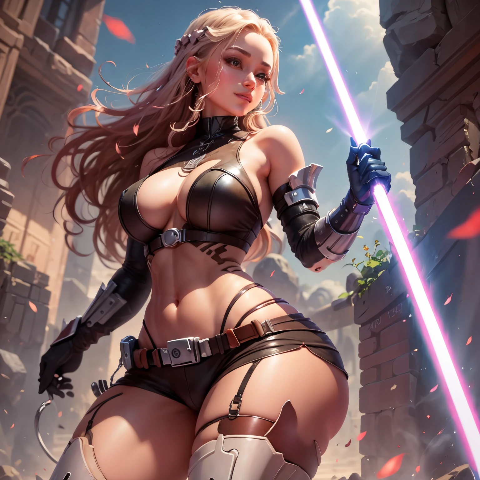 (best quality,4k,8k,highres,masterpiece:1.2), bottomheavy, huge breasts, thick thighs, wide hips, tube top, booty shorts, shiny skin, long flowing hair, radiant smile, glamorous makeup, vibrant colors, soft lighting, lightsaber