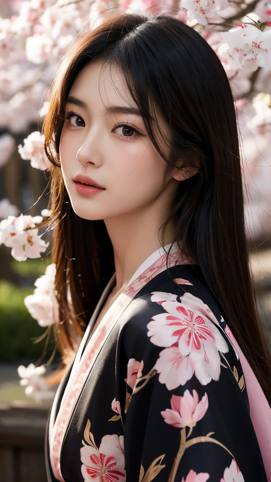 Beautiful Japanese supermodel woman, A lock of hair with slight highlights, black eyes, mixed media, Sexy，Sakura background，Gorgeous kimono , Liquid color flows across her face, Backlight