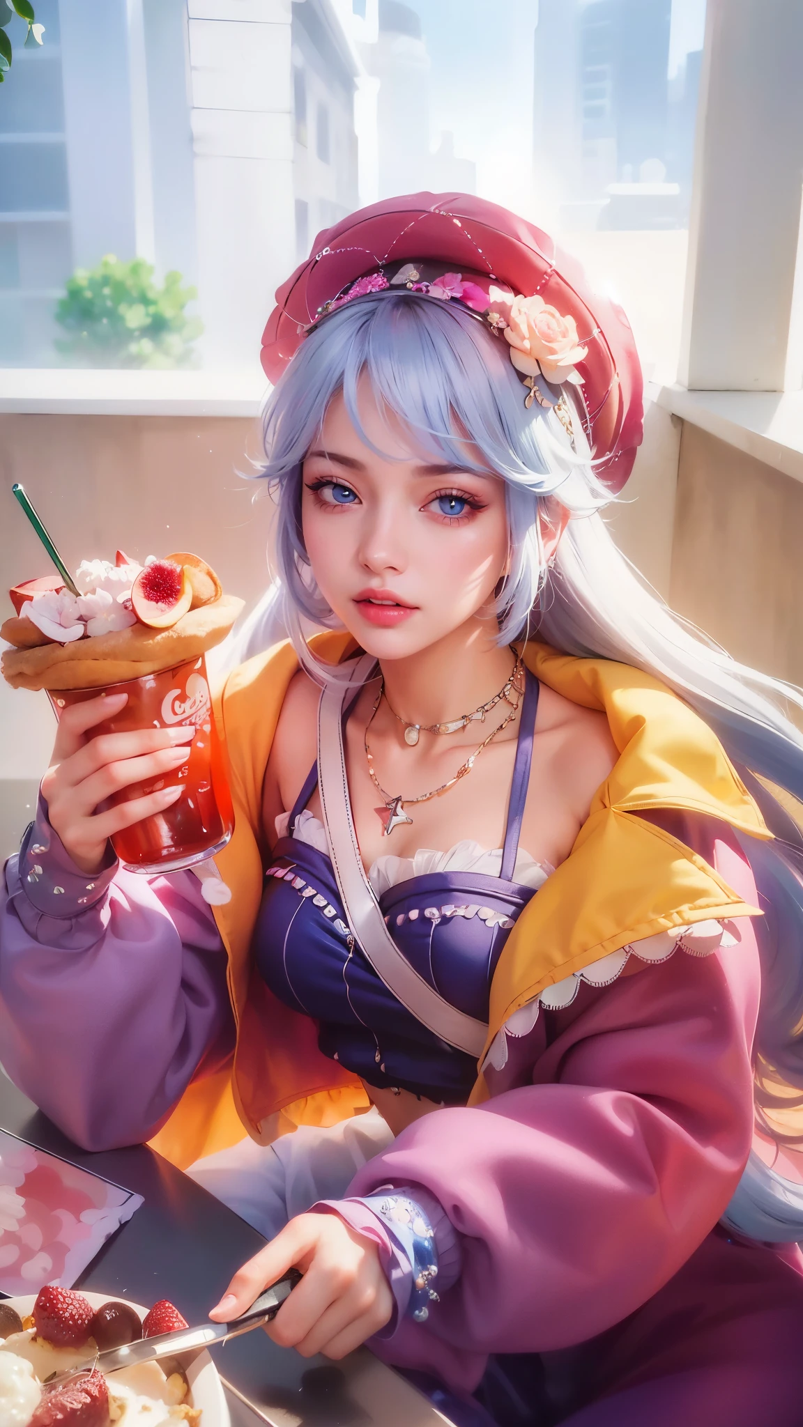 (8k, RAW photo, photorealistic:1.25) ,( lipgloss, eyelashes, gloss-face, glossy skin, best quality, ultra highres, depth of field, chromatic aberration, caustics, Broad lighting, natural shading, looking at viewer with a serene and goddess-like happiness, blue eye