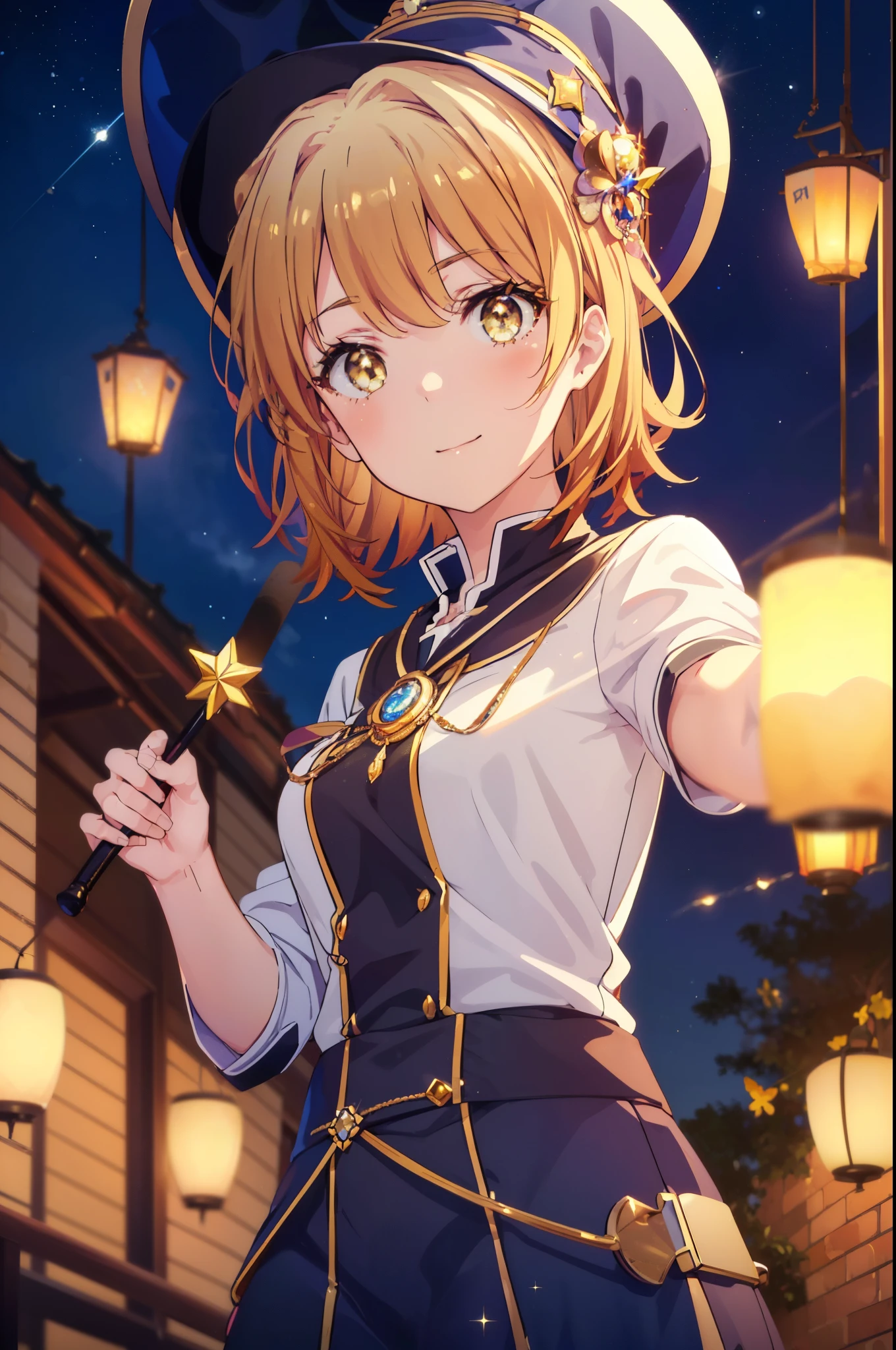 irohaisshiki, iroha isshiki, short hair, brown hair, (brown eyes:1.5), smile,(colorful glowing lanterns),((A night sky filled with colorful cute creatures flying around)),((big full moon)),((Sparkling and colorful stars)),fluffy hair,,slightly red tide,((brown eyes)),((Idol style costume with soft volume)),((gorgeous wizard hat)),((witch)),(magic wand with a jewel on the tip),Smile,Kamimei,
break indoors, classroom,
break looking at viewer,
break (masterpiece:1.2), highest quality, High resolution, unity 8k wallpaper, (figure:0.8), (detailed and beautiful eyes:1.6), highly detailed face, perfect lighting, Very detailed CG, (perfect hands, perfect anatomy),