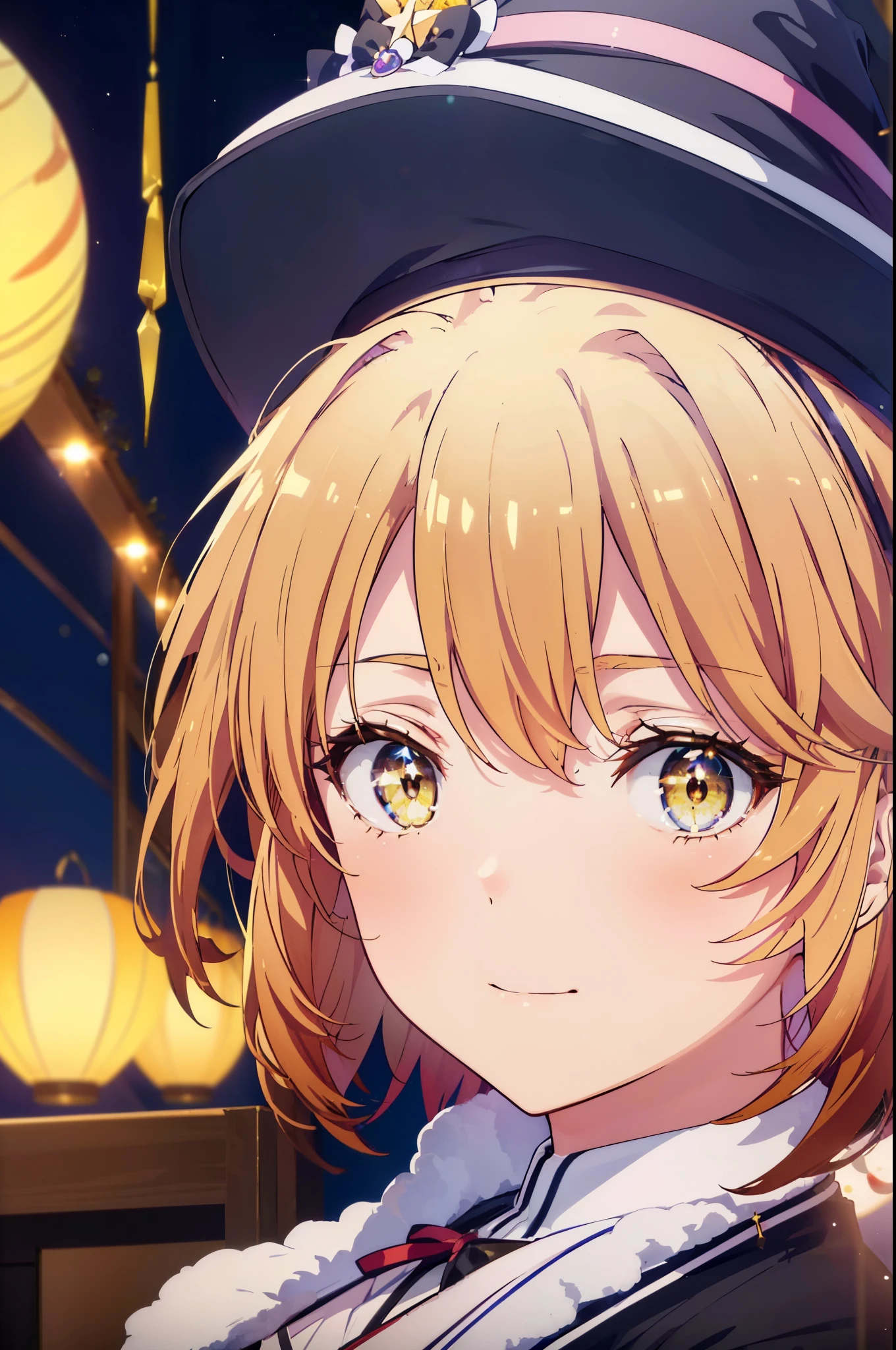 irohaisshiki, iroha isshiki, short hair, brown hair, (brown eyes:1.5), smile,(colorful glowing lanterns),((A night sky filled with colorful cute creatures flying around)),((big full moon)),((Sparkling and colorful stars)),fluffy hair,,slightly red tide,((brown eyes)),((Idol style costume with soft volume)),((gorgeous wizard hat)),((witch)),(magic wand with a jewel on the tip),Smile,Kamimei,
break indoors, classroom,
break looking at viewer,
break (masterpiece:1.2), highest quality, High resolution, unity 8k wallpaper, (figure:0.8), (detailed and beautiful eyes:1.6), highly detailed face, perfect lighting, Very detailed CG, (perfect hands, perfect anatomy),
