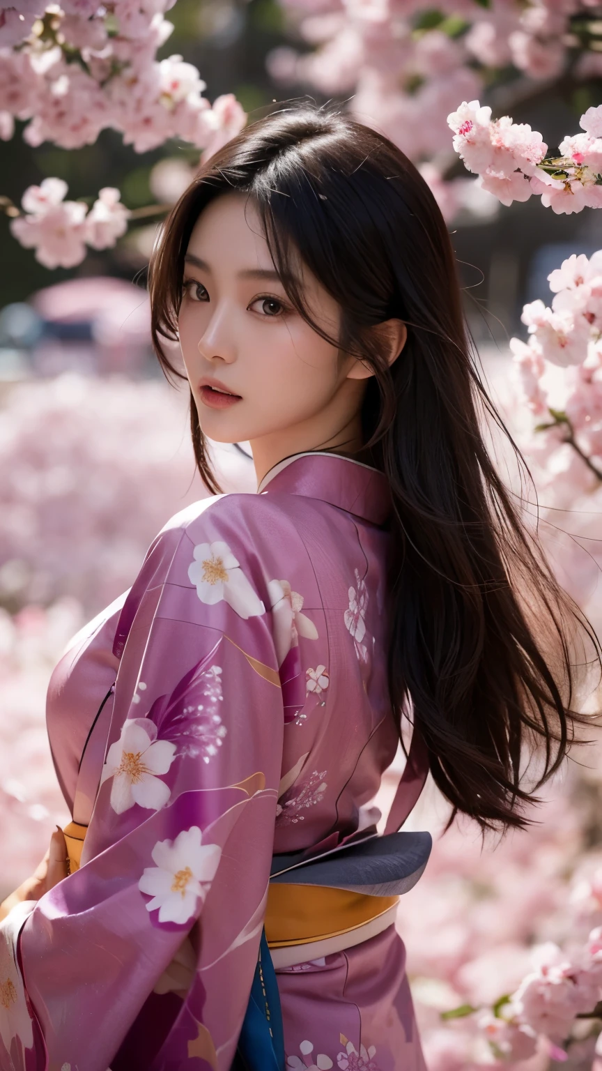 Beautiful Japanese supermodel woman, A lock of hair with slight highlights, black eyes, mixed media, Sexy,Sakura background,Gorgeous kimono , Liquid color flows across her face, Backlight