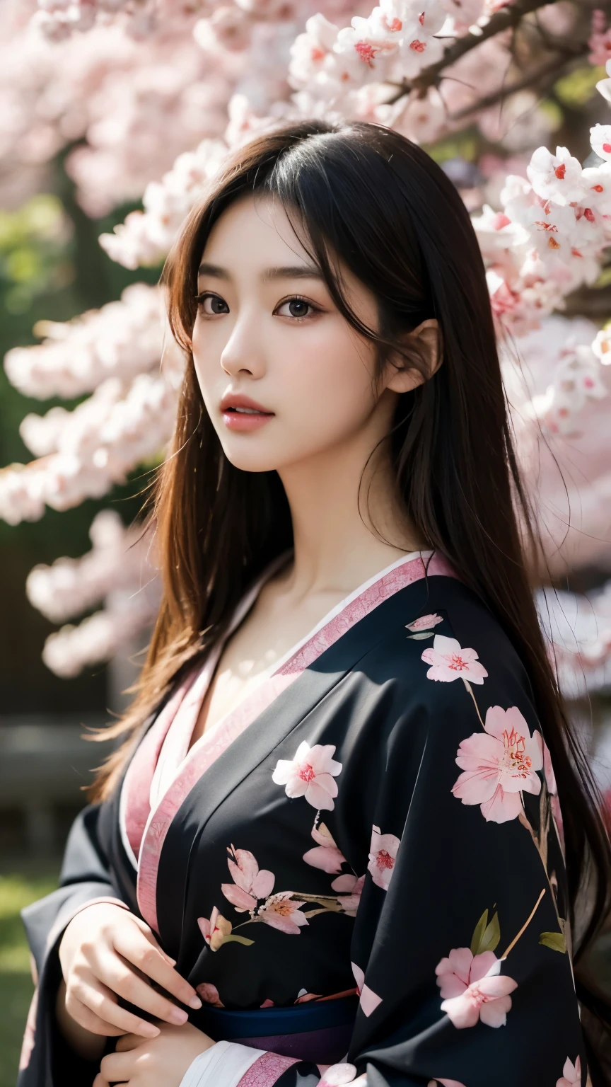 Beautiful Japanese supermodel woman, A lock of hair with slight highlights, black eyes, mixed media, Sexy,Sakura background,Gorgeous kimono , Liquid color flows across her face, Backlight