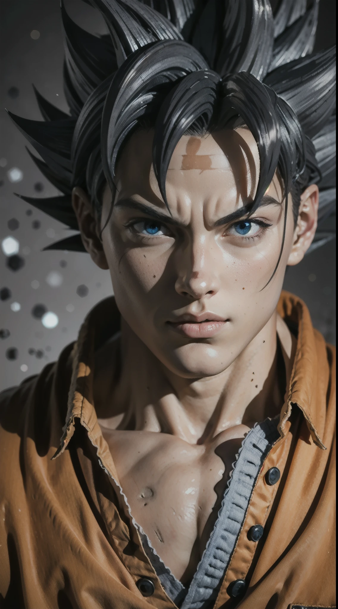 Real life Goku, realistic, detailed, perfect, perfect eyes, detailed face, black hair