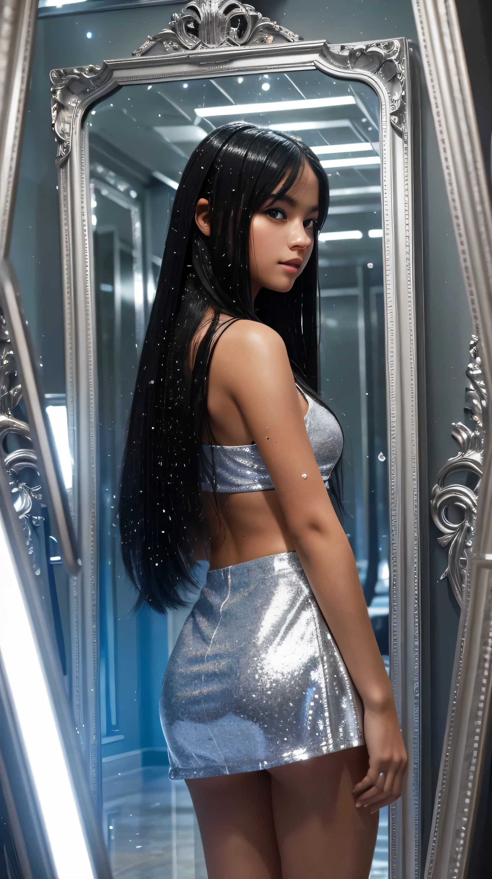 Realistic photo of a beautiful retrofuturistic latina girl age 22, with dark hair, Jenna Ortega, Madison Beer, Aubrey Plaza, freckles, and big beautiful eyes, perfect body, slim waist, wide hips, big breasts, full body shot, sexy lips, cute nose, eyebrows, (skin-tight silver spandex elastic outfit), laying down, flirty, makeup, 1970s, ultra realistic, 8k, detailed, highres, best quality, masterpiece, colorful