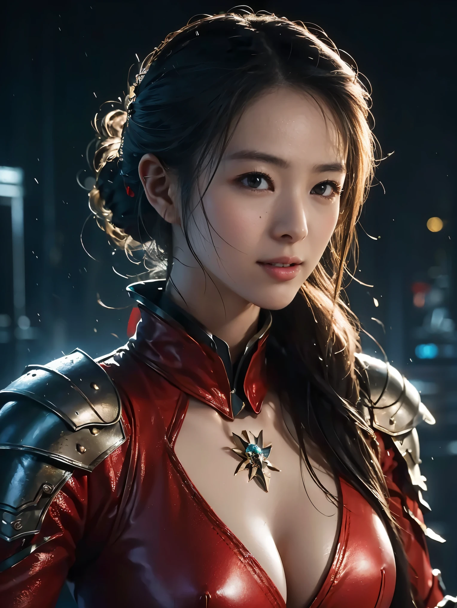((Best quality, 8k, RAW photo, Masterpiece :1.3)), (realistic、Photoreal:1.37)、Super detailed、super high resolution, (cinematic lighting), alone, 1 woman, solo, see the beholder, (30 years old), , beautiful and detailed face, happy smile, narrow, shining eyes, (slim waist :1.3), Fine and beautiful skin, skin texture, professional lighting, as a whole human body,(Combination of cyberpunk and fantasy style),(female soldier),25 year old woman,Japanese,(half updo, brown hair),beautiful hair, brown eyes,red eye chest, accessories,red lip,(relief、calm expression、smile),(Combining cyberpunk and fantasy style clothing,openwork design,joint armor,police uniform,Red clothes,red),Raw skin exposed in cleavage,photo pose,realistic style,Thunder and lightning on a rainy day,(Thunder Magic),oc rendering reflection texture、looking at viewer, look at viewer, lighting forward, lighting front, upper body,