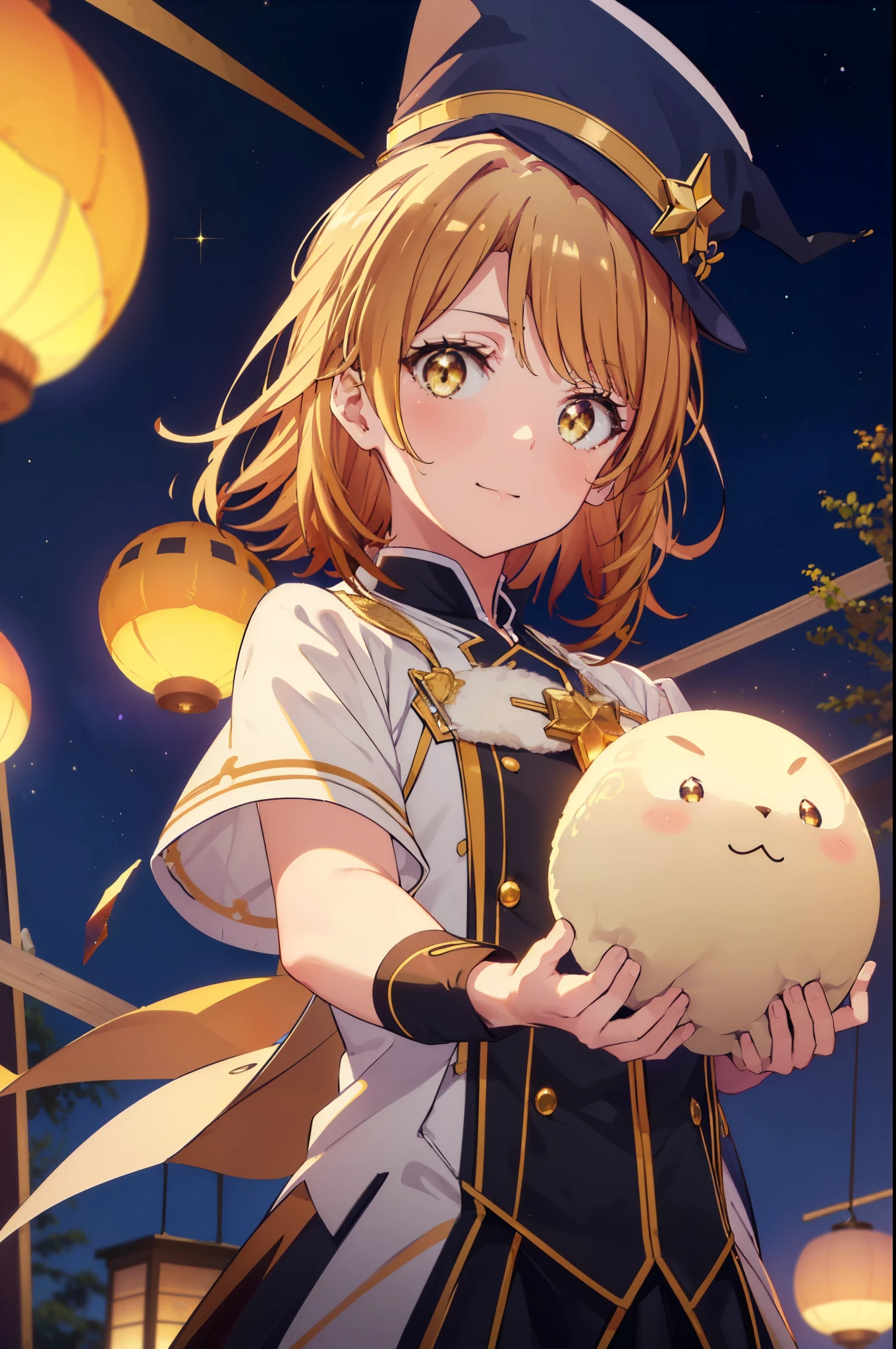 irohaisshiki, iroha isshiki, short hair, brown hair, (brown eyes:1.5), smile,(colorful glowing lanterns),((A night sky filled with colorful cute creatures flying around)),((big full moon)),((Sparkling and colorful stars)),fluffy hair,,slightly red tide,((brown eyes)),((Idol style costume with soft volume)),((gorgeous wizard hat)),((witch)),(magic wand with a jewel on the tip),Smile,Kamimei,
break outdoors, forest,forest林,
break looking at viewer,whole body,Upper body,
break (masterpiece:1.2), highest quality, High resolution, unity 8k wallpaper, (figure:0.8), (detailed and beautiful eyes:1.6), highly detailed face, perfect lighting, Very detailed CG, (perfect hands, perfect anatomy),