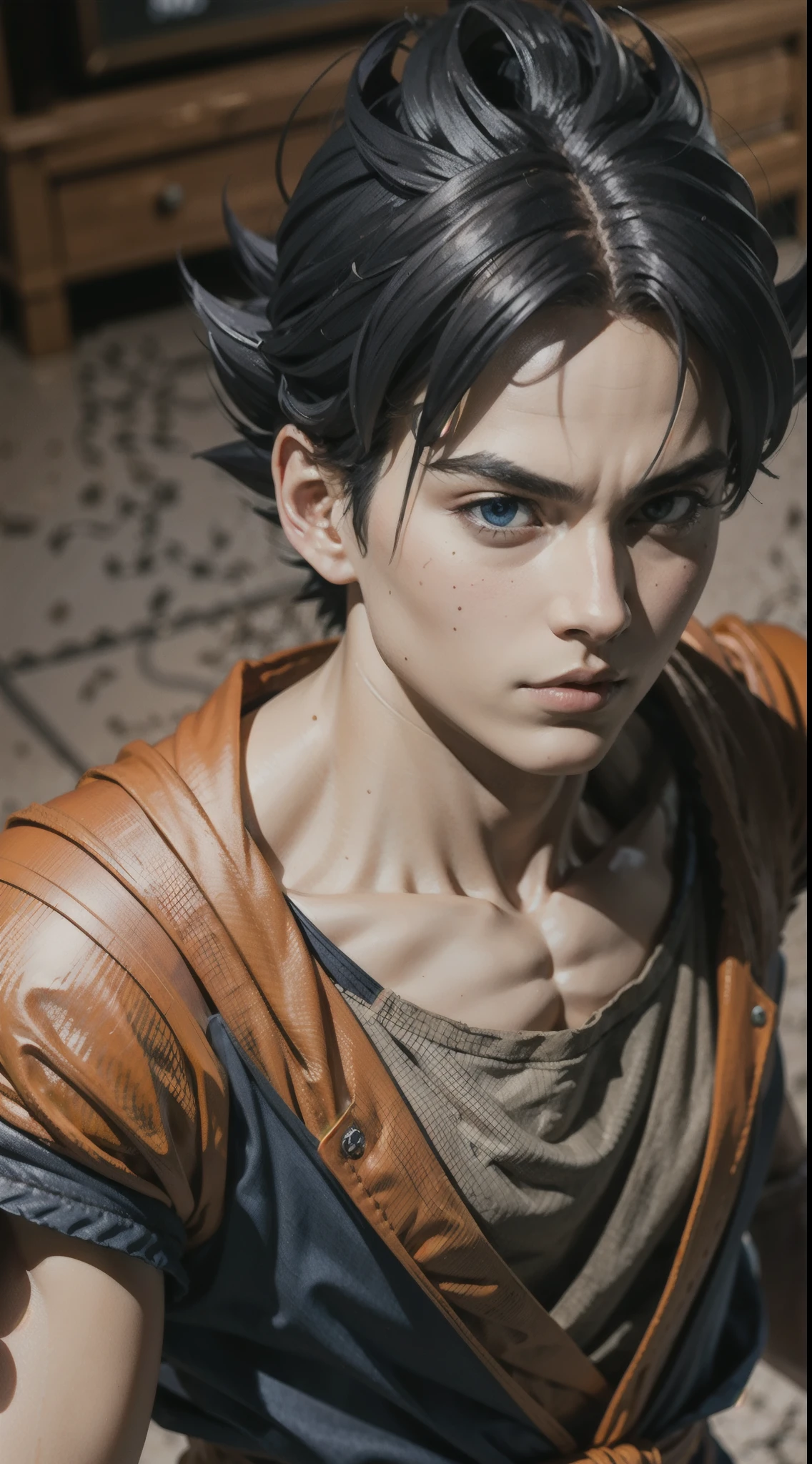 Real life Goku, realistic, detailed, perfect, perfect eyes, detailed face, black hair, full body, zoom out.