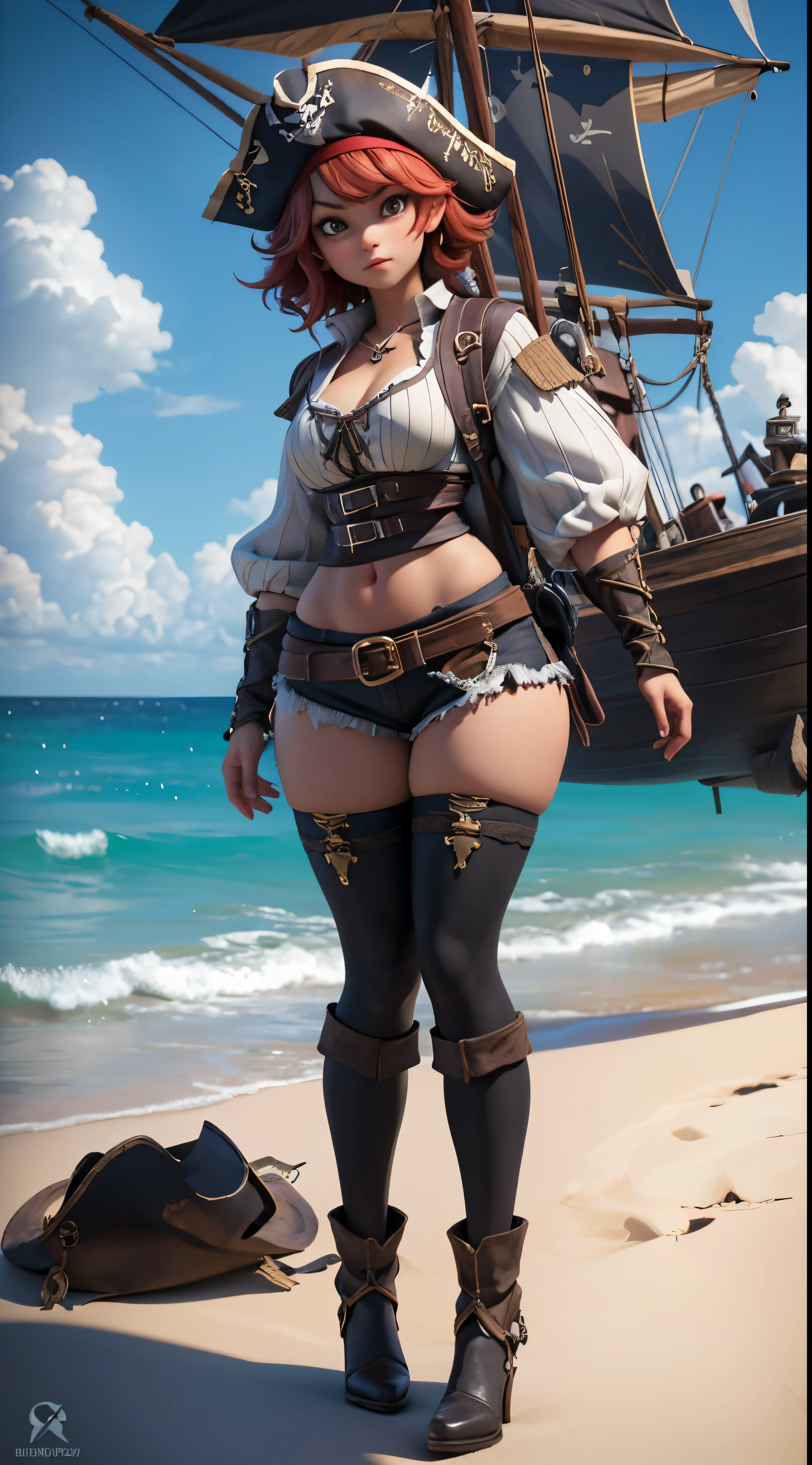 ((Fullbody)),standing pose, Canon PowerShot S60,masterpiece,best quality,absurdres,detailed background,perfect correct anatomy,portrain:1.35,(1girl),a young woman pirate:1.3 ,clouds,day,sunlight,pirate clothes,captain pirate hat,(brilliant red:1.2 hair),cut hair,wild hair,(medieval pirate fantasy theme:1.1),pastel colors,soft shadow,chromatic aberration,ambient occlusion,cinematic light, (medium breasts and curvy figure), 21thkitazume,AGGA_ST004 ,no water,