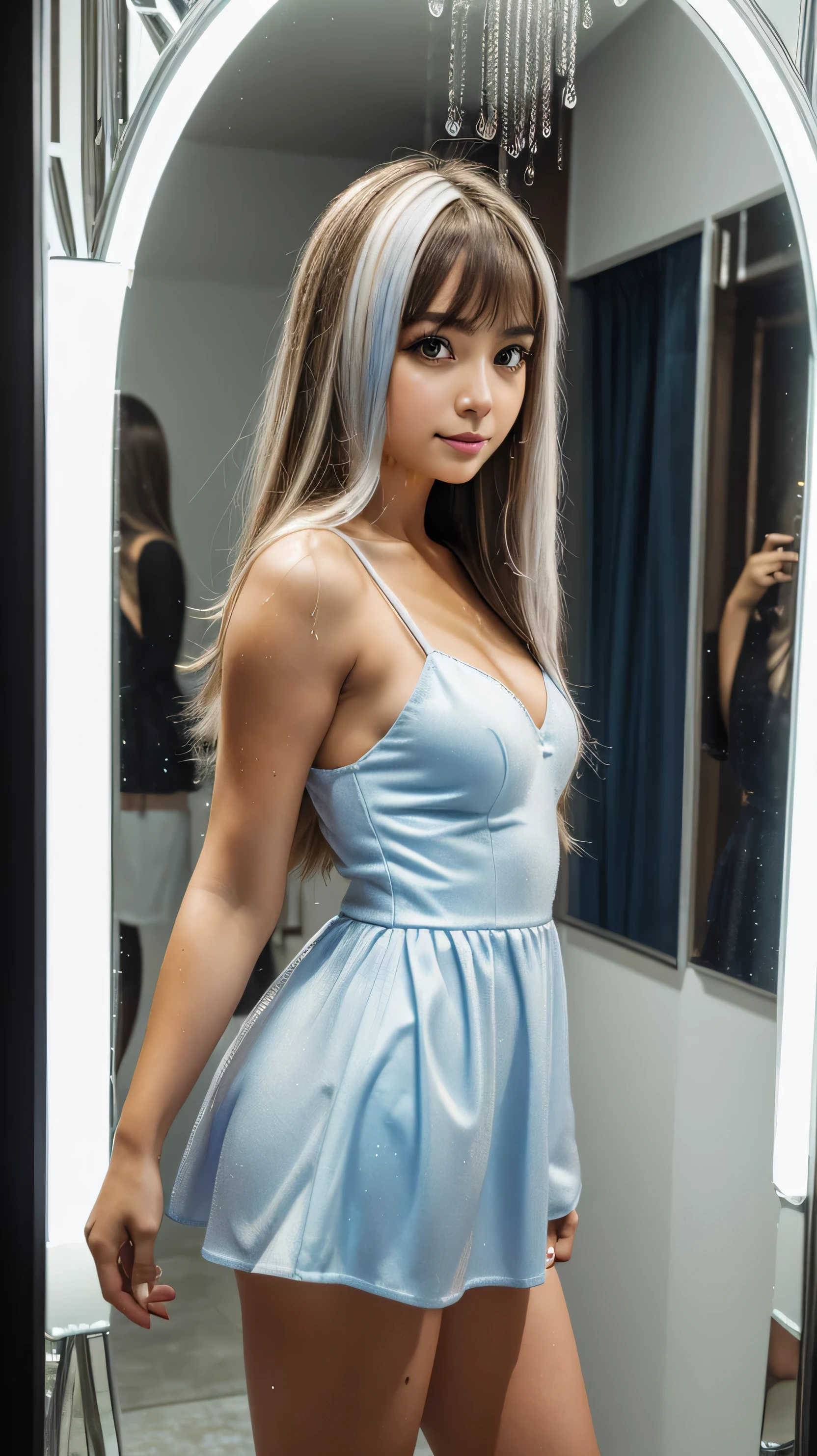 in focus is a girl in a short delicate yellow mini-dress, High detail, realistic beautiful girl with long brown hair, gradient blue and white hair color,girl with good charisma,creative approach to non-standard poses, she is standing in a mirrored room, and the girl is reflected in all the mirrors, stands in the mirror salon, where there are many mirrors, a girl in a miniskirt is reflected in all the mirrors, there are splashes of silver dust, and behind it is a nebula, atmospheric lighting, surrounded by wet dew drops, behind the fantasy world, on a beautiful background, glare, Shine, shine, Drip Splashes, high quality, 8k Ultra HD, High contrast, high quality, soft light, close focusing