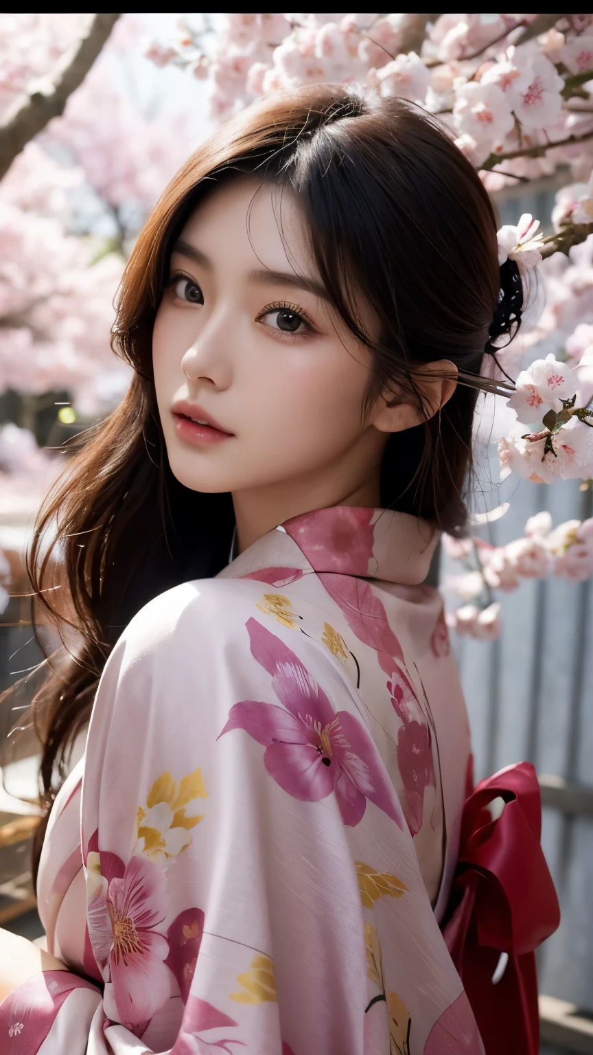 Beautiful Japanese supermodel woman, A lock of hair with slight highlights, black eyes, mixed media, Sexy,Sakura background,Gorgeous kimono , Liquid color flows across her face, Backlight