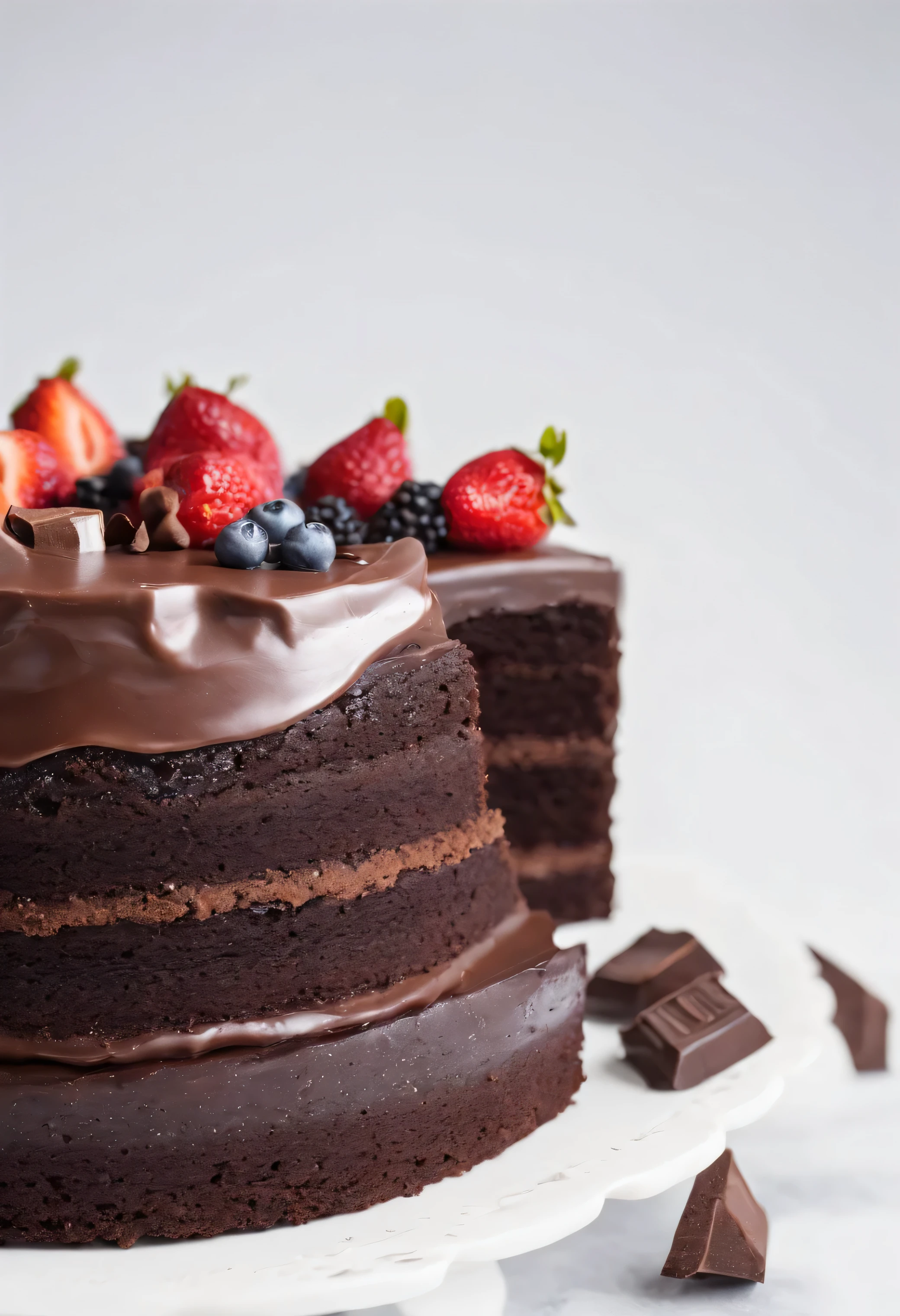 a piece of chocolate cake, white background