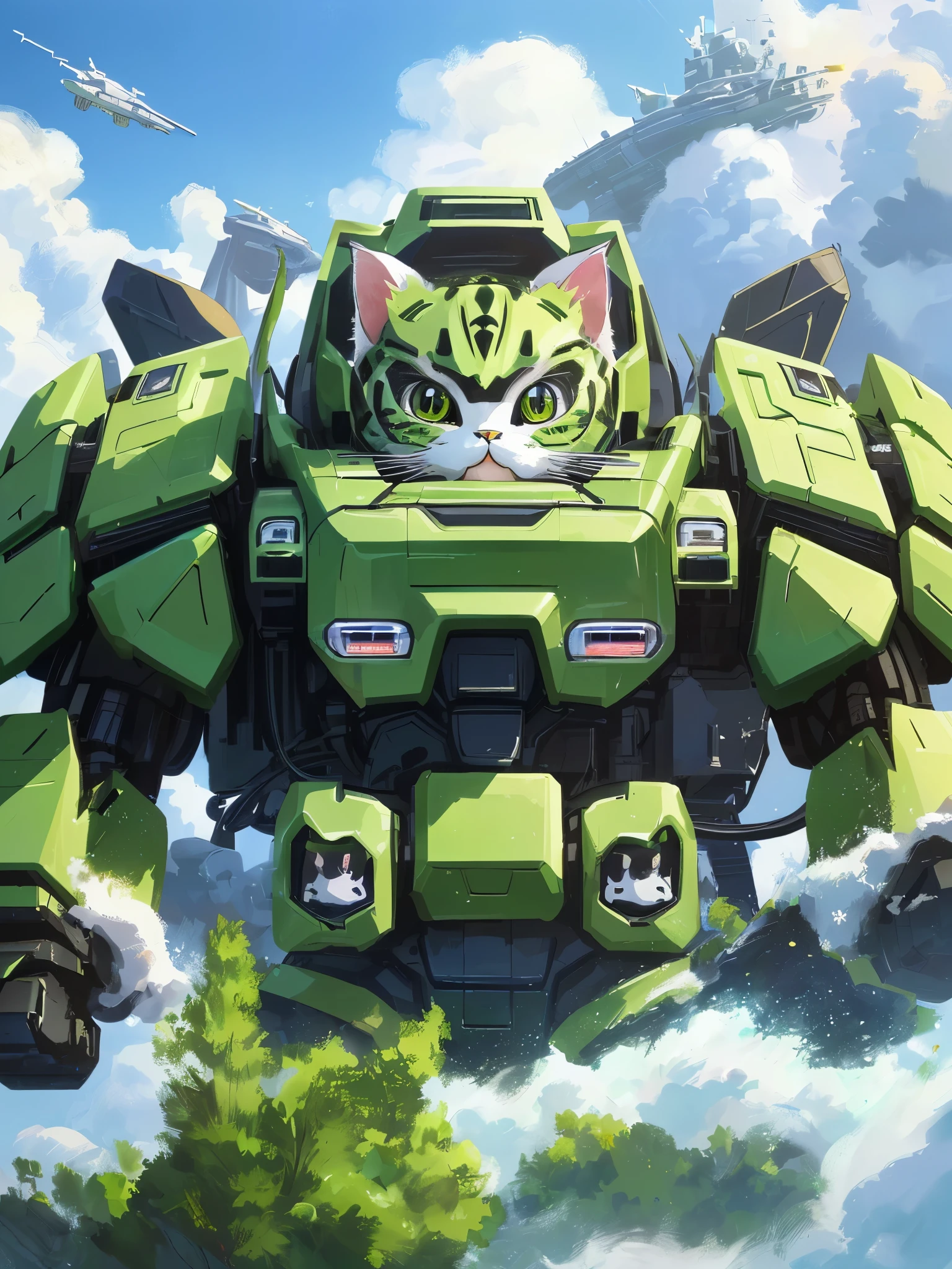 unorganized solution, High resolution, (masterpiece: 1.3), hyper detail, Mecha, ((((cute cat design)))),Green armor, floating in the sky (1.8) Against the background of blue sky and white clouds