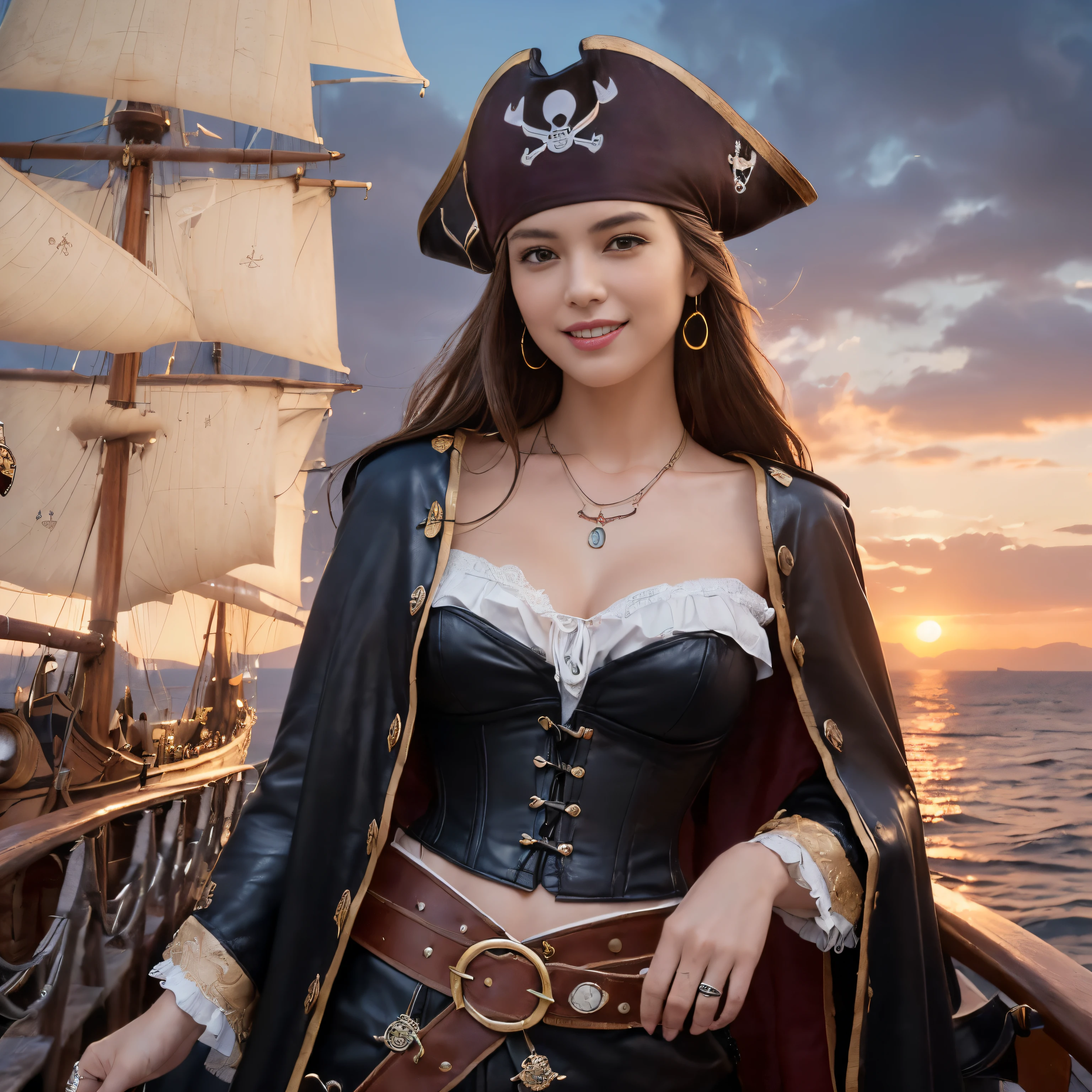 (top-quality、masutepiece、8K、Top image quality、SFW)、one female pirate、female pirate captain、(Charming medieval european pirate costume:1.3)、(Very intricate classic pirate costume:1.5)、(Detailed depiction of numerous accessories、big captain&#39;s hat、perfect long cloak:1.3)、(Complex necklaces、complex badges、leather belts and delicate accessories:1.5)、(Detailed explanation of the structure of the perfect pirate ship:1.5)、(Complex and realistic interior of a pirate ship:1.5)、(Deck background with big sails、There is a large sail on the deck of the ship.、Detailed depiction of complex ship deck backgrounds、Perfect feeling like being on a pirate ship:1.7)、(Perfectly reproduces the classic atmosphere:1.5)、(intricate corset、giant cloak、the most dignified pirate captain&#39;complex costume:1.5)、(Classic and majestic pirate captain costume:1.5)、(she is in the center of the pirate ship、She is on the center deck of the pirate ship..:1.5)、(spectacular movie lighting、brilliant sunset、spectacular beautiful sunset、Sunset Sea、Big sunset:1.3)、(Depiction of the film、Classic and intricate depiction of a pirate ship:1.3)、(View me、Brown hair、Very Longhair、A slight smil、beautiful smiling face、photo of her from the waist up:1.5)