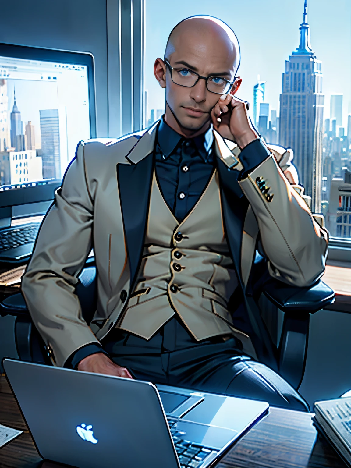 best quality, masterpiece, highres, solo, solo focus, 1boy, mature billionaire, bald head, blue eyes, glasses, american, three-piece suit, sitting in a chair, office, desk, laptop computer, empire state building outside window, scheming