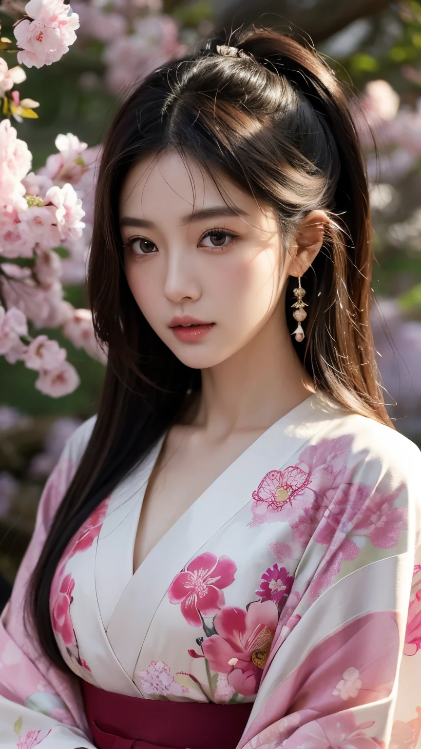 Beautiful Japanese supermodel woman, A lock of hair with slight highlights, black eyes, mixed media, Sexy，Sakura background，Gorgeous kimono , Liquid color flows across her face, Backlight