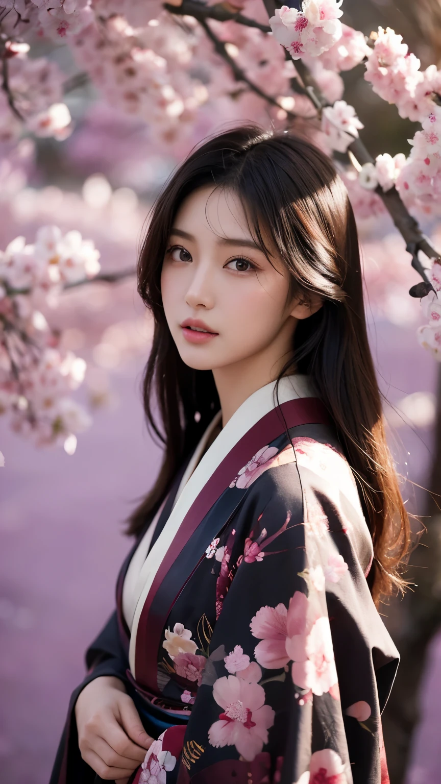 Beautiful Japanese supermodel woman, A lock of hair with slight highlights, black eyes, mixed media, Sexy，Sakura background，Gorgeous kimono , Liquid color flows across her face, Backlight
