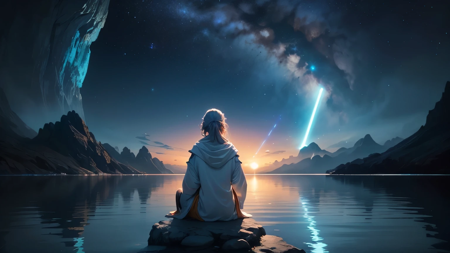 A woman sitting on a rock looking at the stars in the sky - SeaArt AI