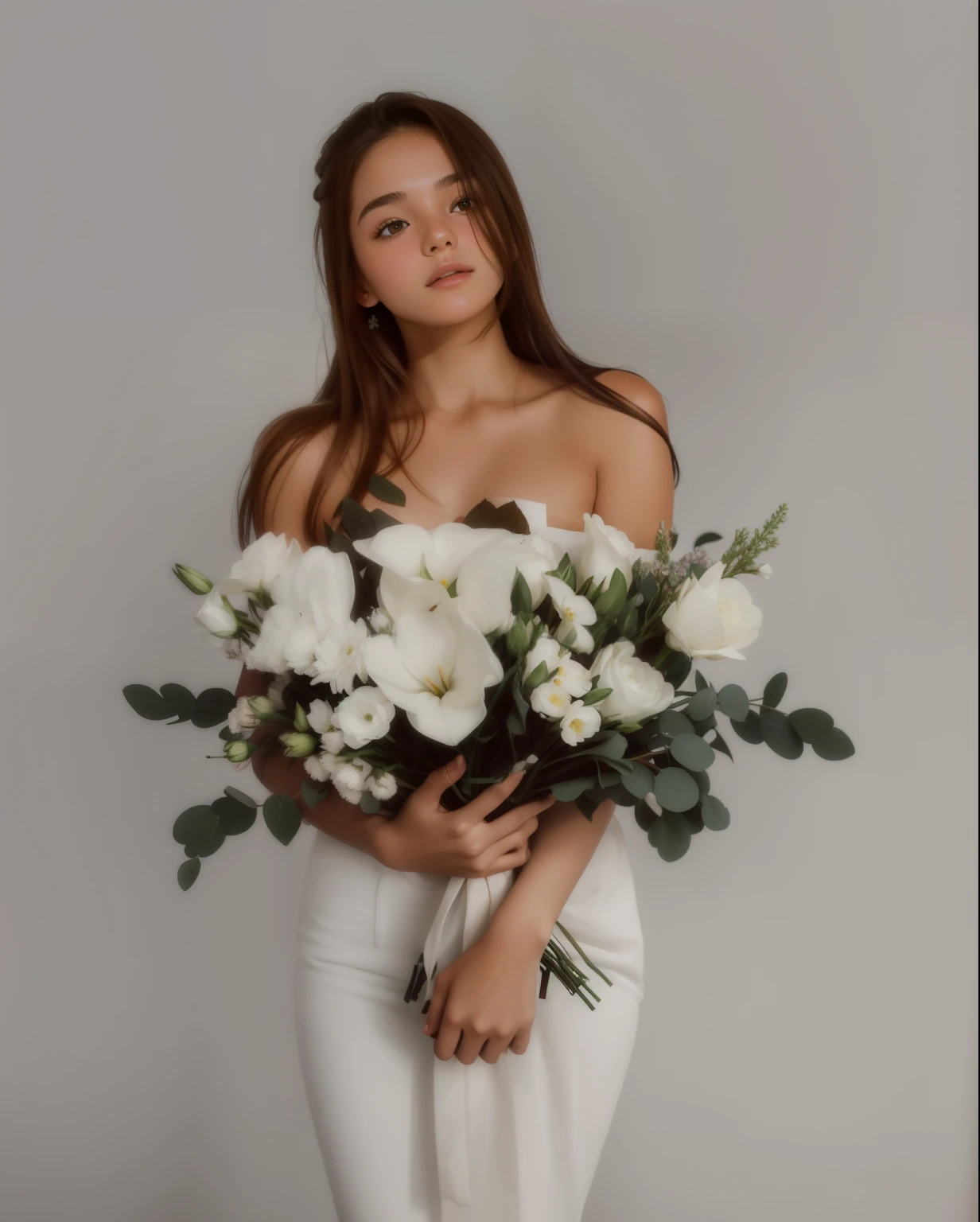 Studio photo, girl with white flowers, brunette girl with flowers in her hands, girl without a T-shirt holding a bouquet, tender photo,realism, clear photo, Beautiful hair, clean hair,