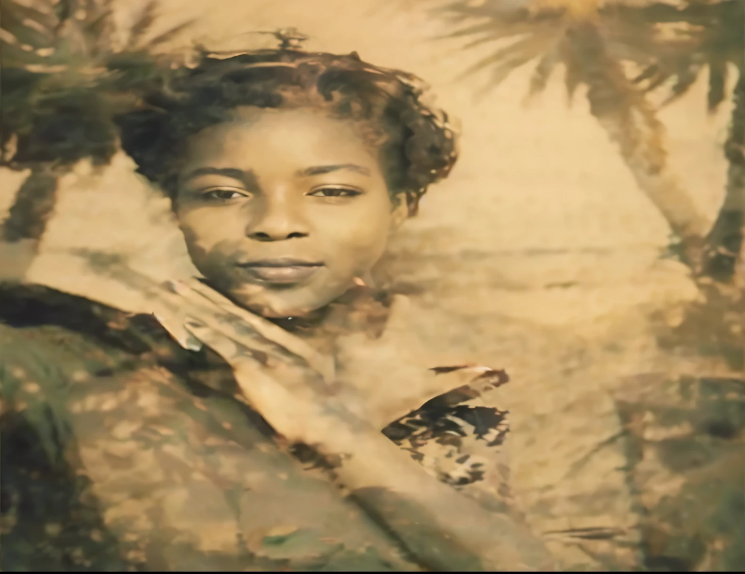 photo of a woman, photo of a black woman, african american woman with her hands together, in a beach with sand and palm trees behind her
