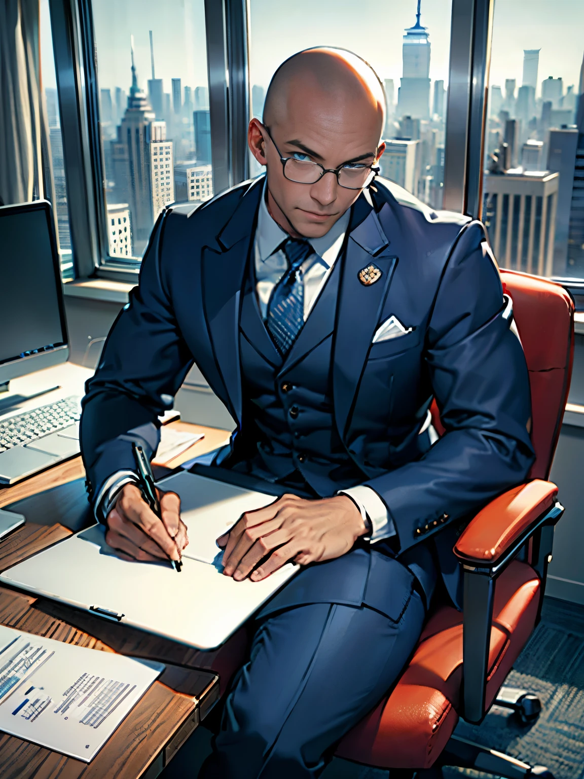 best quality, masterpiece, highres, solo, solo focus, 1boy, mature billionaire, bald head, blue eyes, glasses, american, three-piece suit, sitting in a chair, office, desk, laptop computer, empire state building outside window, scheming