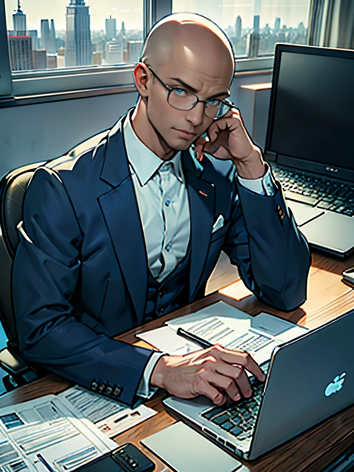 best quality, masterpiece, highres, solo, solo focus, 1boy, mature billionaire, bald head, blue eyes, glasses, american, three-piece suit, sitting in a chair, office, desk, laptop computer, empire state building outside window, scheming