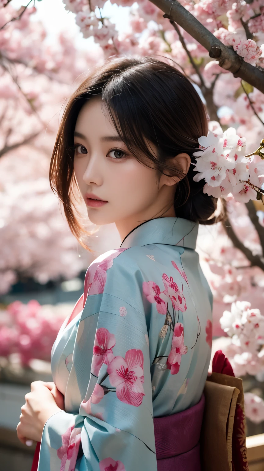Beautiful Japanese supermodel woman, A lock of hair with slight highlights, black eyes, mixed media, Sexy,Sakura background,Gorgeous kimono , Liquid color flows across her face, Backlight