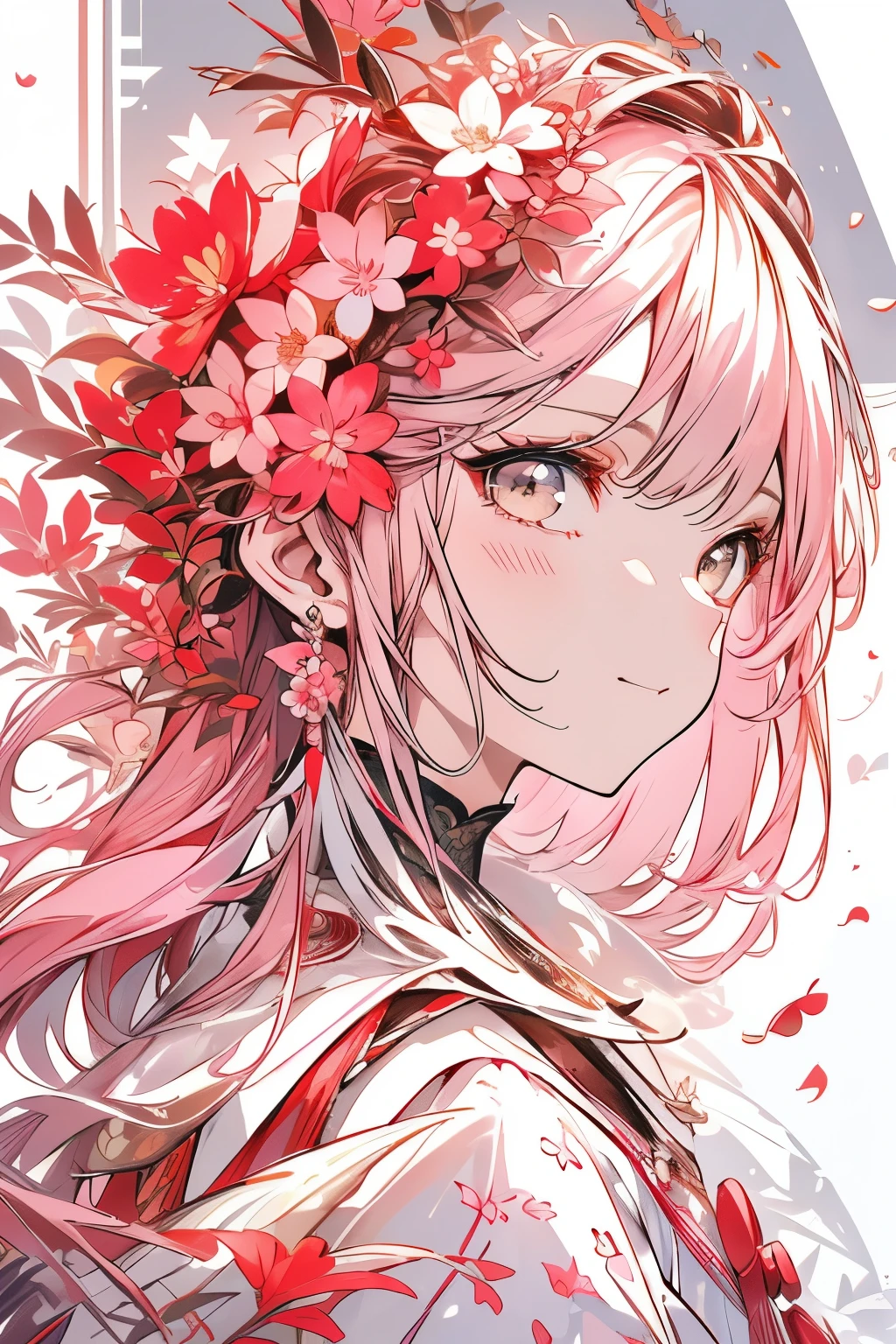 (white background:1.4),(white dirt road, oriental elements)，(nature illustration spring:1.3，paper art:1.3, キルティングpaper art:1.2),( reasonable design, sharp lines, high sharpness,highest quality, very detailed, table top, movie lighting effects, 4k )(cherry blossom leaves、Sakura in spring:1.0)、Many cherry blossoms are falling、Wind、With background、Spring-like、girl facing left、pink petalany cherry blossom petals、very bright pink hair、length、slight smile、cute smile