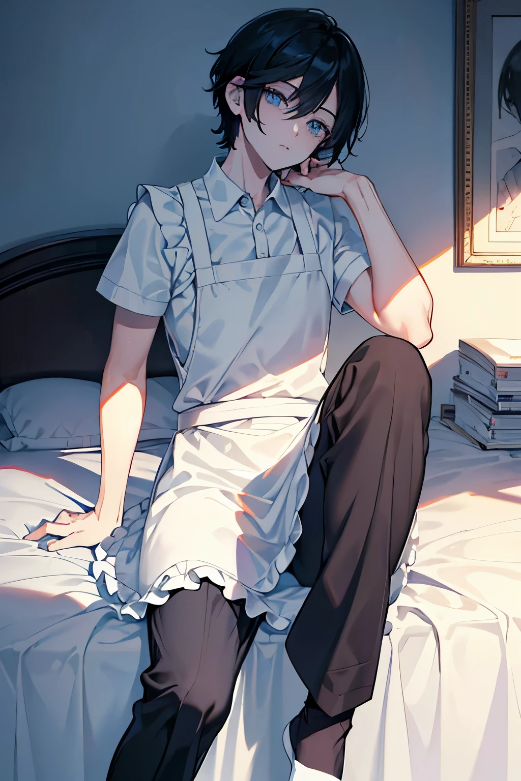 male black hair blue eyes very short hair one person Bed short sleeve shirt slacks pants socks white frilly apron juvenile cool masterpiece Highest image quality noise removal clear parts cinematic shadow Increases the attractiveness of the eyes clear parts the shine of the eyes draw eyelashes neatly perfect eyes detailed eyes sharpen image quality sharpen eye writing clear parts eye shape