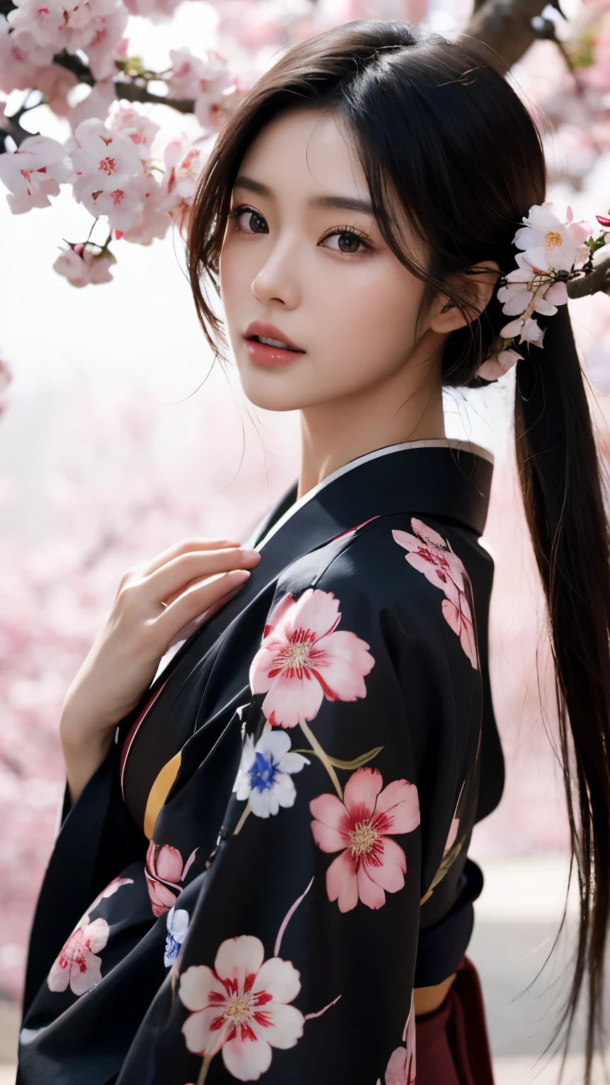 Beautiful Japanese supermodel woman, A lock of hair with slight highlights, black eyes, mixed media, Sexy，Sakura background，Gorgeous kimono , Liquid color flows across her face, Backlight