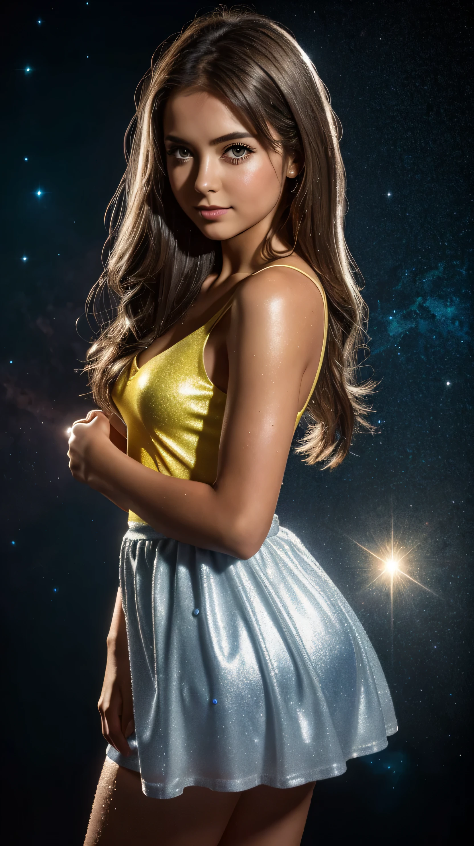 in focus is a girl in a short delicate yellow mini-dress, High detail, realistic beautiful girl with long brown hair, gradient blue and white hair color,girl with good charisma, creative approach to non-standard poses,Beauty and the Beast hold her in their arms., Girl in miniskirt, there are splashes of silver dust, and behind it is a nebula, atmospheric lighting, surrounded by wet dew drops, behind the fantasy world, on a beautiful background, glare, Shine, shine, spray drops, high quality, 8k Ultra HD, High contrast, high quality, soft light, close focusing