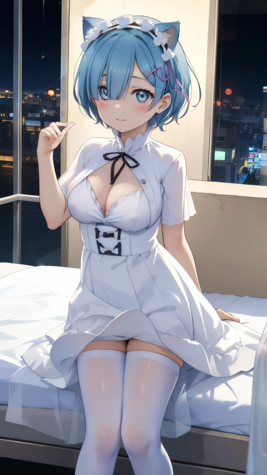 Re:Zero&#39;s Rem、light blue hair、short hair、table top、High resolution、many girls multiple girls、large crowd、lots of cute girls、big and full breasts、naughty body、See-through、throw、、whole body、Are standing、Look up at me、confused face、blush、embarrassing、Excited、white breath、black pantyhose、female shape&#39;Private parts are clearly visible、I can see your nipples、white skirt、micro mini skirt、very short skirt、hospital、hospital room、Many people々々々々、in the crowd、bare chest、show your chest、Upper grade、A lot of milk comes out from the nipples、Breast milk gushes from the nipple、white nurse uniform、cat ears nurse uniform、white one-piece nurse uniform、Bangs that cover one eye、pink hairpin、sit on bed、white sandals、white pantyhose、open your legs、open thighs、emphasize the chest、chest to chest、night viewが見える部屋、night view