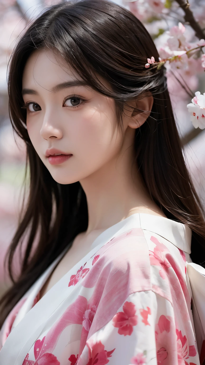 Beautiful Japanese supermodel woman, A lock of hair with slight highlights, black eyes, mixed media, Sexy,Sakura background,Gorgeous kimono , Liquid color flows across her face, Backlight