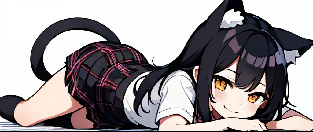 Girl lying on ground face down, black long hair, anime girl with cat ears, anime visual of cute girl, Nekomimi, school uniform, high school girl, ribbon on chest, tartan check mini skirt, white short sleeve shirt, black high socks, smiling girl, pure white background, side view Angle,full body