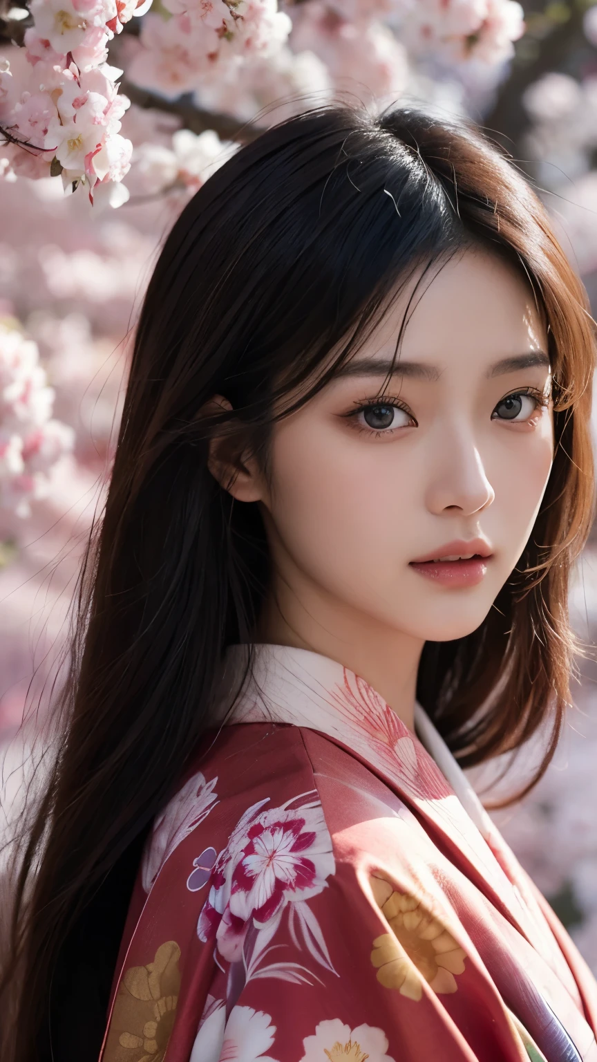 Beautiful Japanese supermodel woman, A lock of hair with slight highlights, black eyes, mixed media, Sexy,Sakura background,Gorgeous kimono , Liquid color flows across her face, Backlight