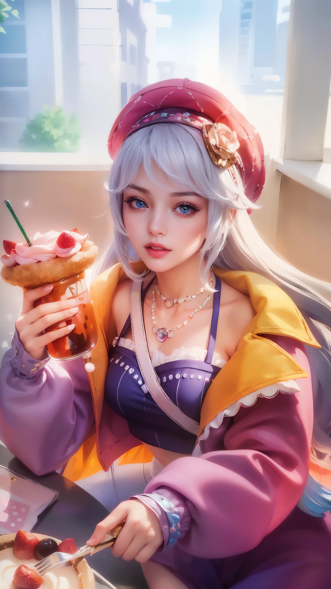 (8k, RAW photo, photorealistic:1.25) ,( lipgloss, eyelashes, gloss-face, glossy skin, best quality, ultra highres, depth of field, chromatic aberration, caustics, Broad lighting, natural shading, looking at viewer with a serene and goddess-like happiness, blue eye, cute face, white hair