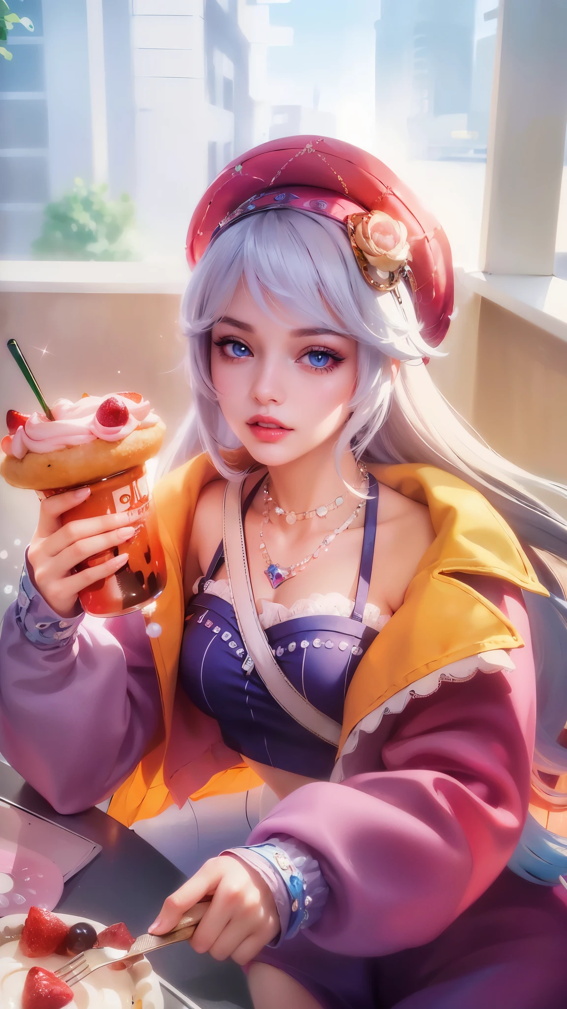 (8k, RAW photo, photorealistic:1.25) ,( lipgloss, eyelashes, gloss-face, glossy skin, best quality, ultra highres, depth of field, chromatic aberration, caustics, Broad lighting, natural shading, looking at viewer with a serene and goddess-like happiness, blue eye, cute face, white hair