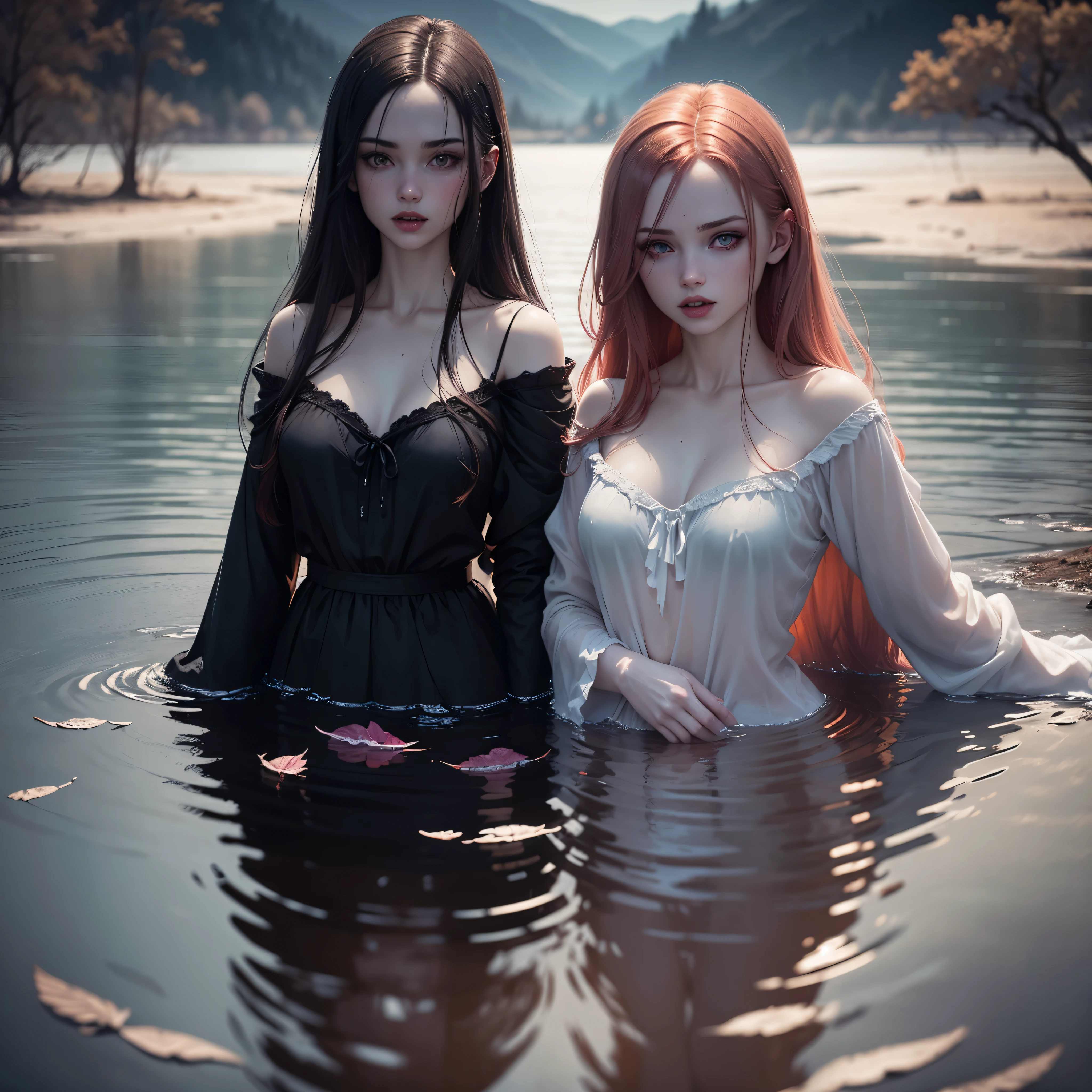 ((Night)) ((a deserted lake)) 3 Vampire women, (full body), 1 brunette, 1 blonde, 1 redhead, pale skin, fangs bared, sexy pale nightgown, looking at viewer, rises out of the water, soaking wet. style of a painted book illustration, dramatic lighting, (depth of field), ((masterpiece)), ((best quality)), ((highly detailed))