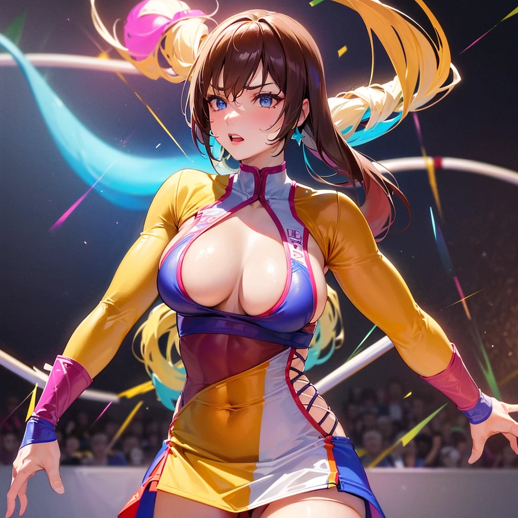 (best quality,4k,highres,masterpiece:1.2),ultra-detailed,(realistic:1.37) A pair of cute, athletic, exotically dressed with bright colors, Japanese women, wrestle each other in a stadium wrestling ring,under the dazzling lights. The women have intricate face paint and wear vibrant costumes that showcase their individuality. They have (long, flowing hair), and their eyes are (expressive and captivating:1.1). The ring is surrounded by cheering spectators who are on the edge of their seats, adding to the atmosphere of excitement. The stadium is filled with top-notch studio lighting that highlights every muscle and movement of the wrestlers. The scene is depicted in a (striking, vibrant:1.1) art style, with intense colors that enhance the energy and fierceness of the wrestling match. The lighting casts dramatic shadows and emphasizes the power and determination of the wrestlers. The women exhibit exceptional strength and agility as they engage in various (graceful balletic movements) and (powerful throws). The intensity of their match is enhanced by the use of (slow motion techniques). The entire scene exudes a sense of (jaw-dropping athleticism and elegance) as the women showcase their skill and passion for the sport.