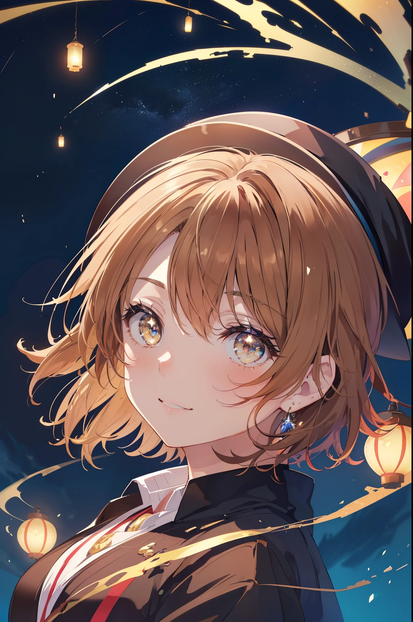irohaisshiki, iroha isshiki, short hair, light brown hair, (brown eyes:1.5), smile,(colorful glowing lanterns),((A night sky filled with colorful cute creatures flying around)),((big full moon)),((Sparkling and colorful stars)),fluffy hair,,slightly red tide,((brown eyes)),((Idol style costume with soft volume)),((gorgeous wizard hat)),((witch)),(magic wand with a jewel on the tip),Smile,Kamimei,
break outdoors, forest,forest林,
break looking at viewer,whole body,Upper body,
break (masterpiece:1.2), highest quality, High resolution, unity 8k wallpaper, (figure:0.8), (detailed and beautiful eyes:1.6), highly detailed face, perfect lighting, Very detailed CG, (perfect hands, perfect ),