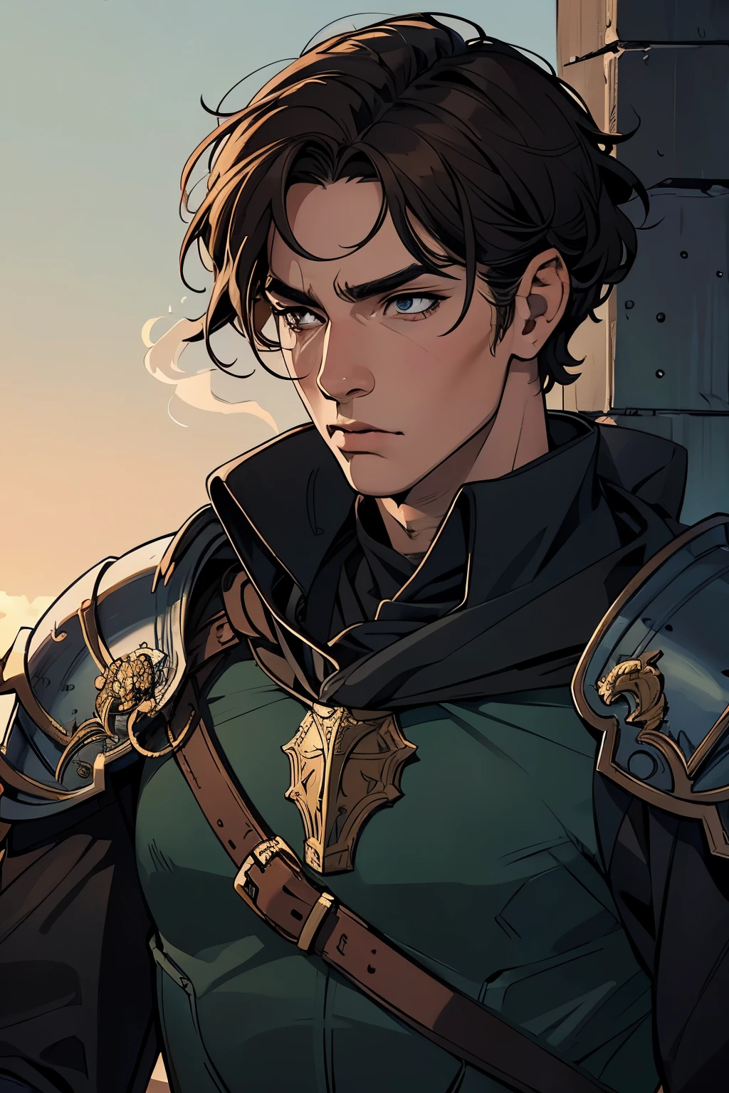 ((best quality:1.1)(masterpiece,best quality,absurdres,beautiful,aesthetic,detailed,cell shading,artwork,Hd,well drawn eyes)),original,medieval fantasy,male knight,looking down,close up portrait,solo,ruinous smoky battlefield,heavy armor,cape,brown hair,deep obsidian black eyes,blemishes,exhausted,strong jawline,muscular,daytime,smoke billowing in the distance,depth of field